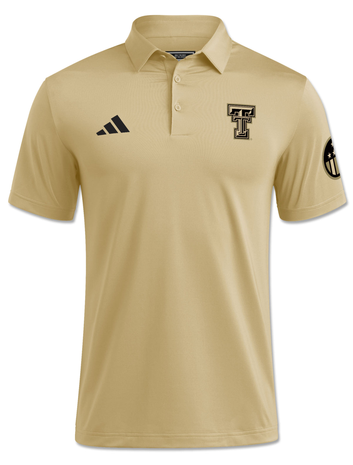 Front view of a black Double T and Honor & Support sleeve roundel on a tan Adidas Texas Tech Ultimate365 polo