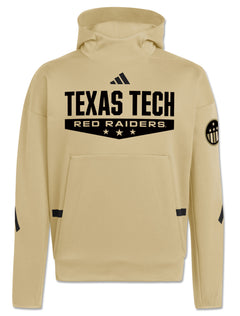 Front view of a black Texas Tech Red Raiders chevron graphic on a tan Adidas Honor & Support Z.N.E. pullover hoodie
