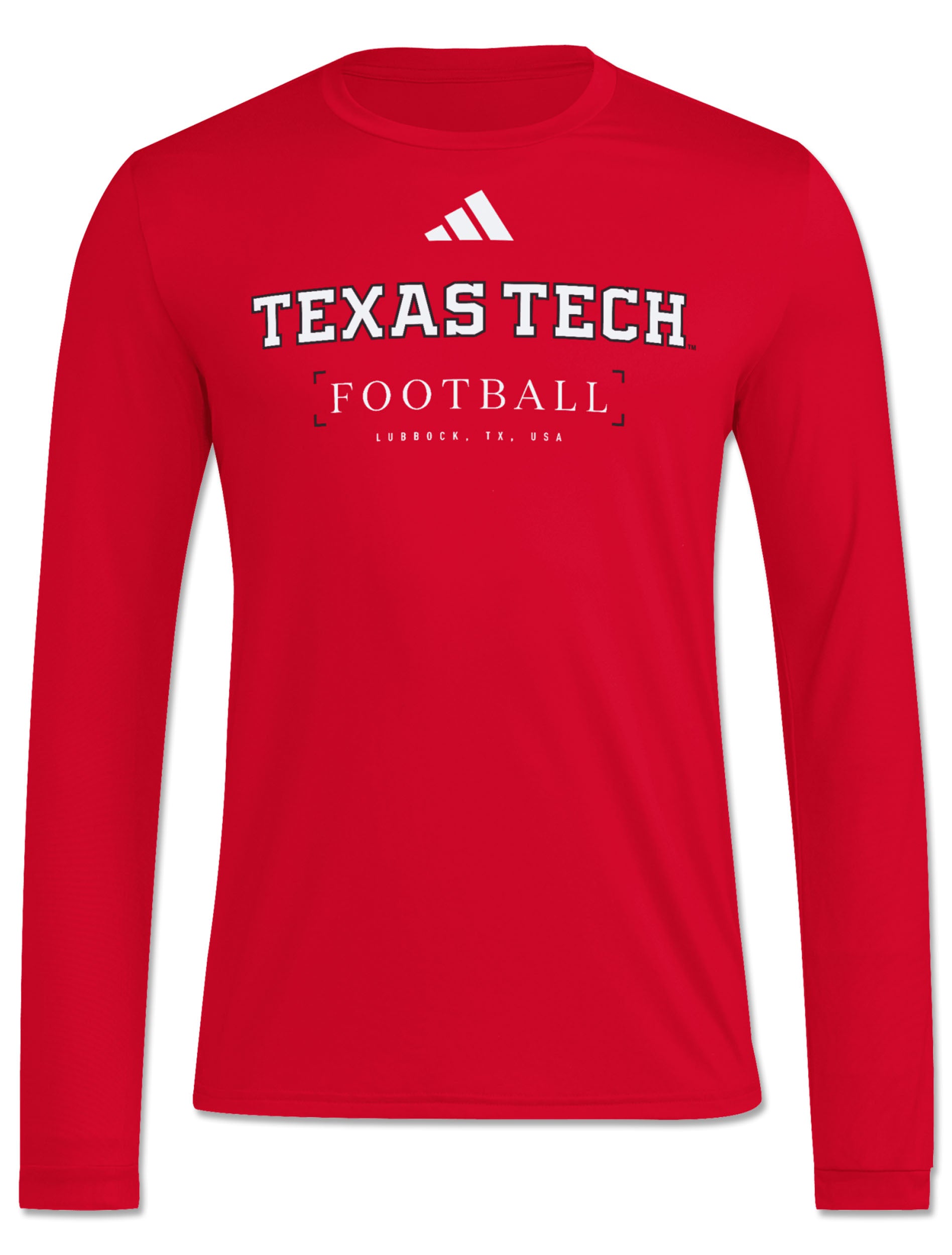 Red Adidas Texas Tech long sleeve tee with TEXAS TECH in white above FOOTBALL in brackets and LUBBOCK, TX, USA