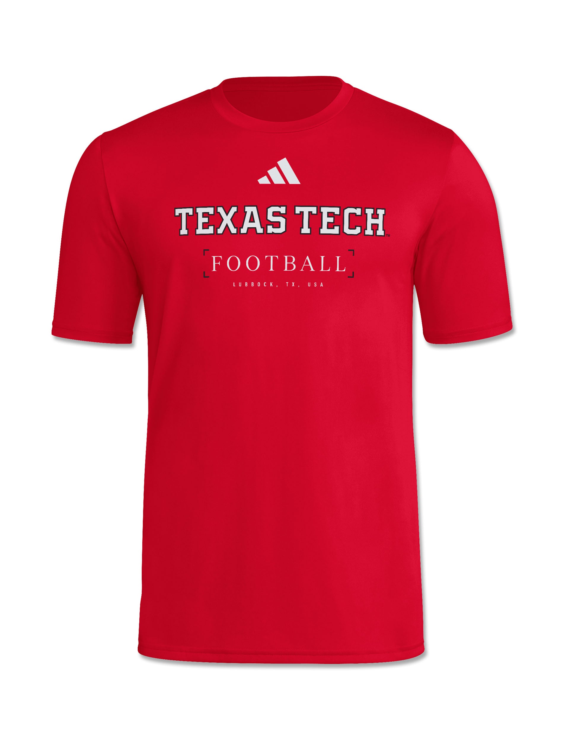 Adidas Texas Tech Red Raiders red football pregame short sleeve tee with adidas logo above Texas Tech Football and Lubbock, TX, USA lettering