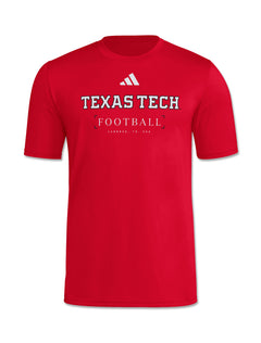 Adidas Texas Tech Red Raiders red football pregame short sleeve tee with adidas logo above Texas Tech Football and Lubbock, TX, USA lettering
