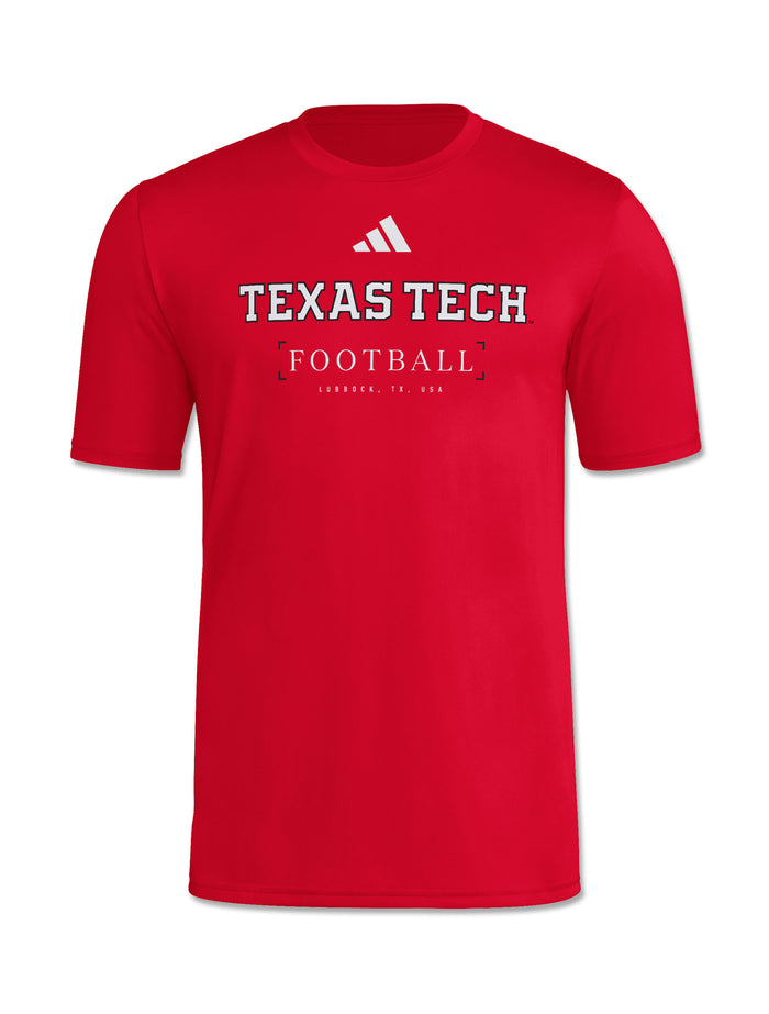 Adidas Texas Tech Red Raiders red football pregame short sleeve tee with adidas logo above Texas Tech Football and Lubbock, TX, USA lettering