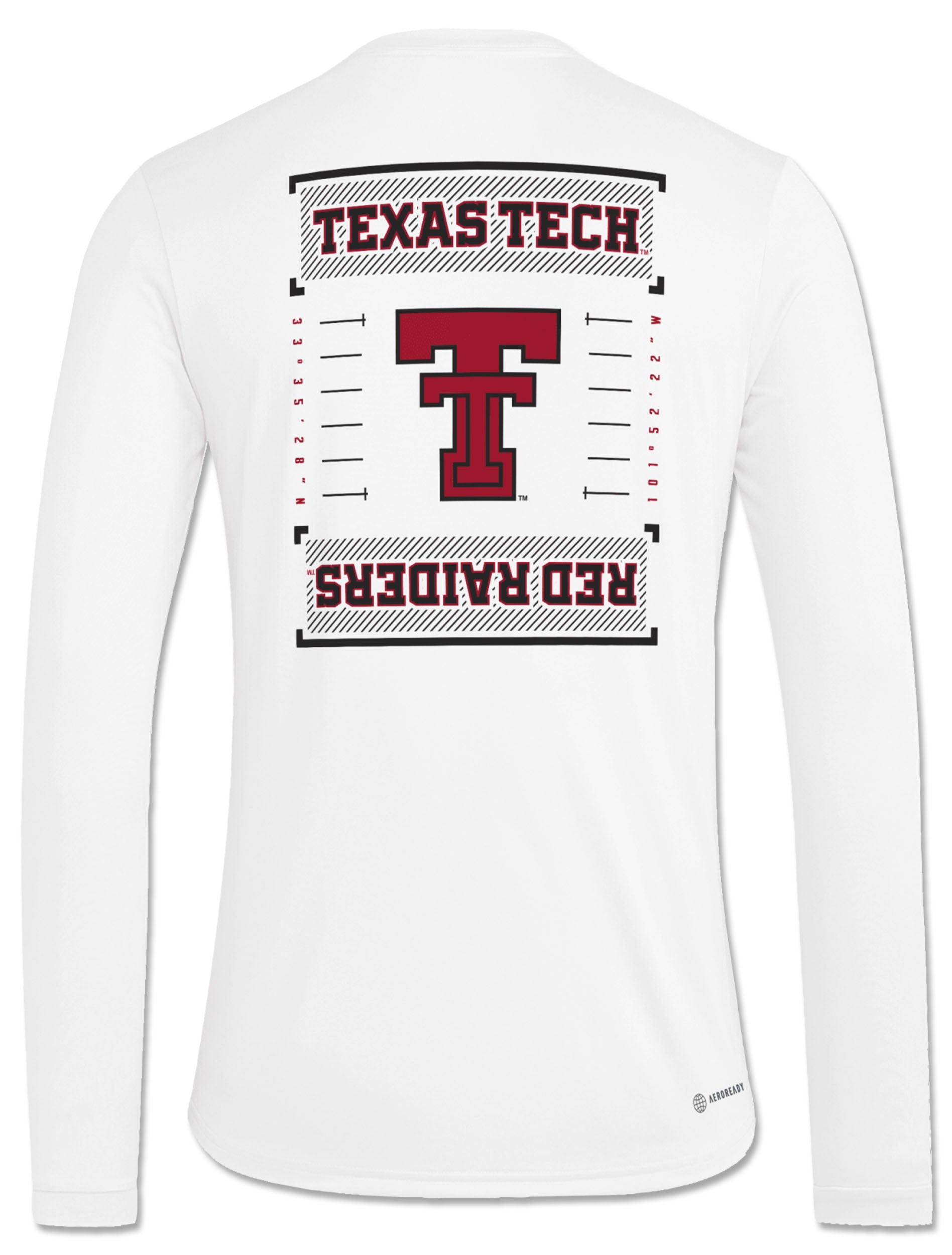 Back of a white Adidas long sleeve with TEXAS TECH and an upside-down RED RAIDERS framing a large throwback Double T between yard lines, with Galaxy Stadium coordinates down each side