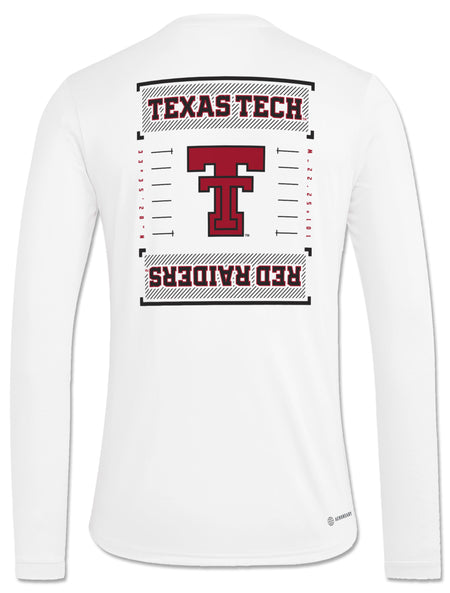 Back of a white Adidas long sleeve with TEXAS TECH and an upside-down RED RAIDERS framing a large throwback Double T between yard lines, with Galaxy Stadium coordinates down each side