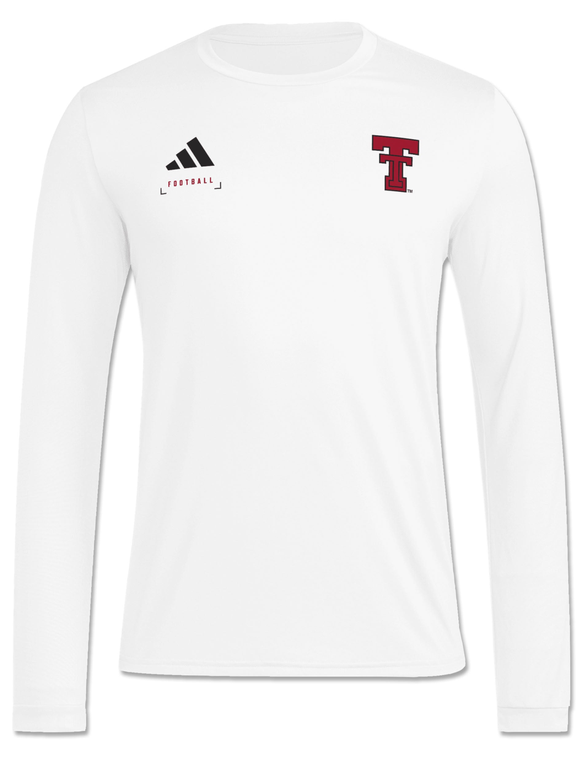 Front of a white Adidas long sleeve with the Adidas badge of sport and FOOTBALL on the right chest and a red throwback Double T on the left chest