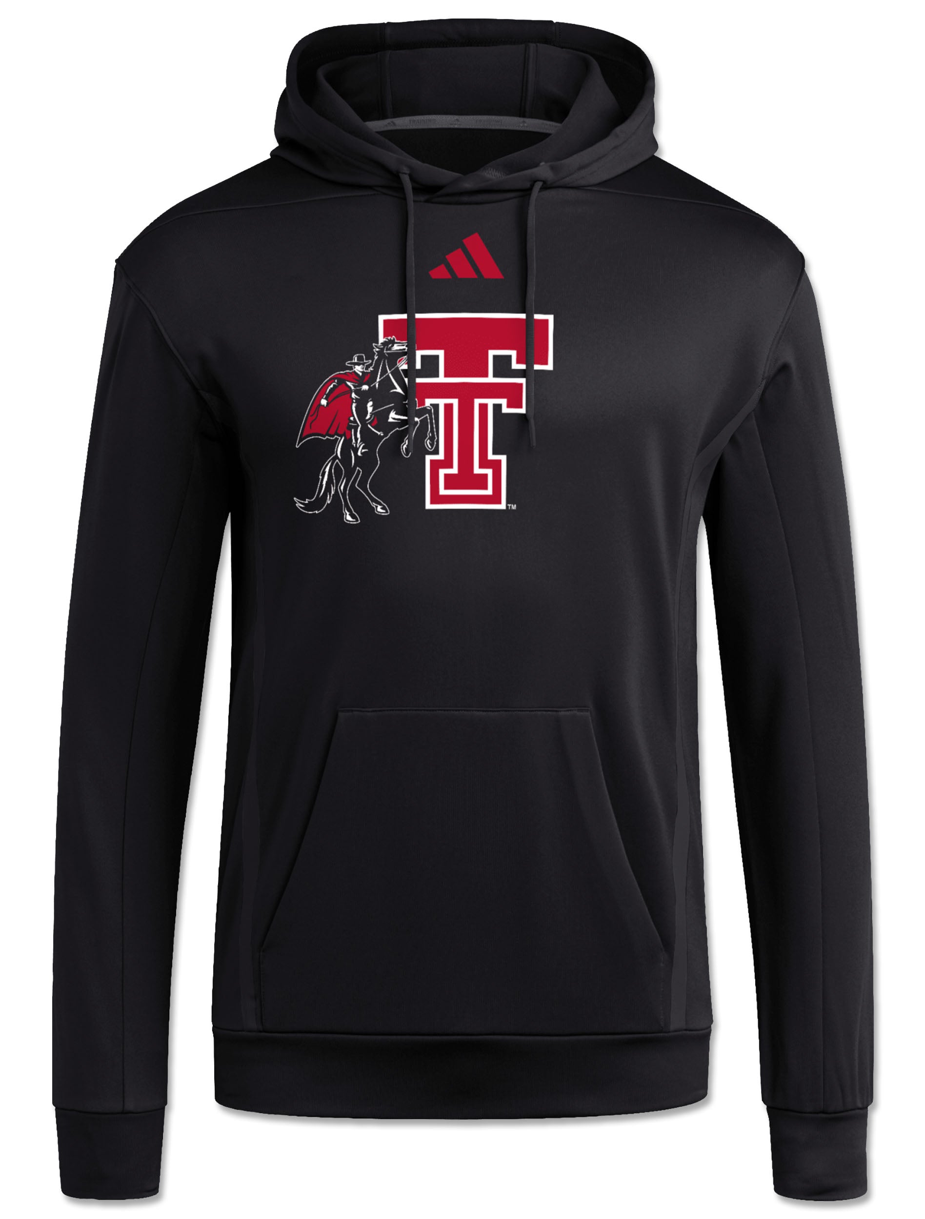 Black Adidas hoodie with a red badge of sport above a red throwback Double T and the Masked Rider on a rearing horse