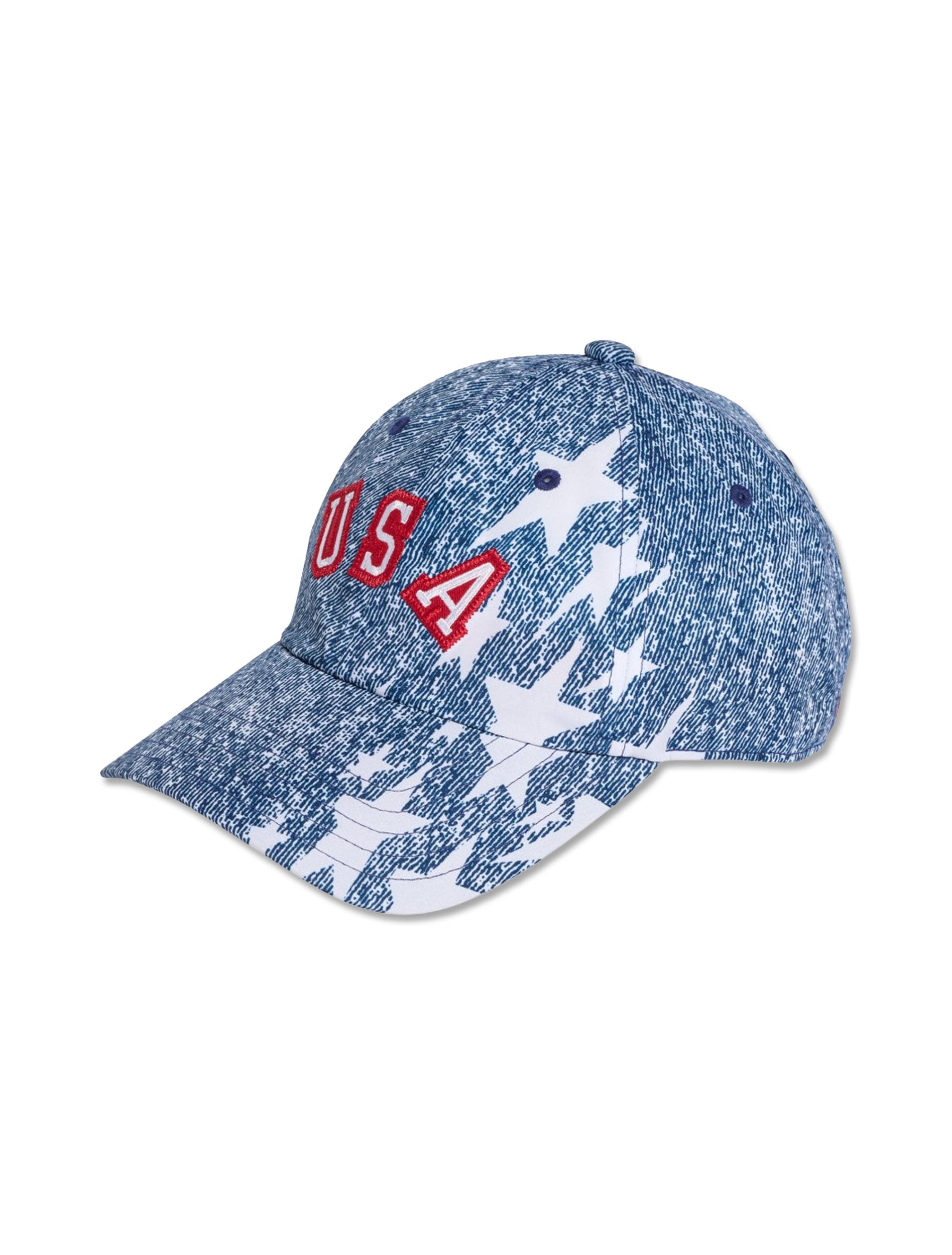 Adidas USA 94 Denim Graphic Cap in White, Blue & Power Red — front view