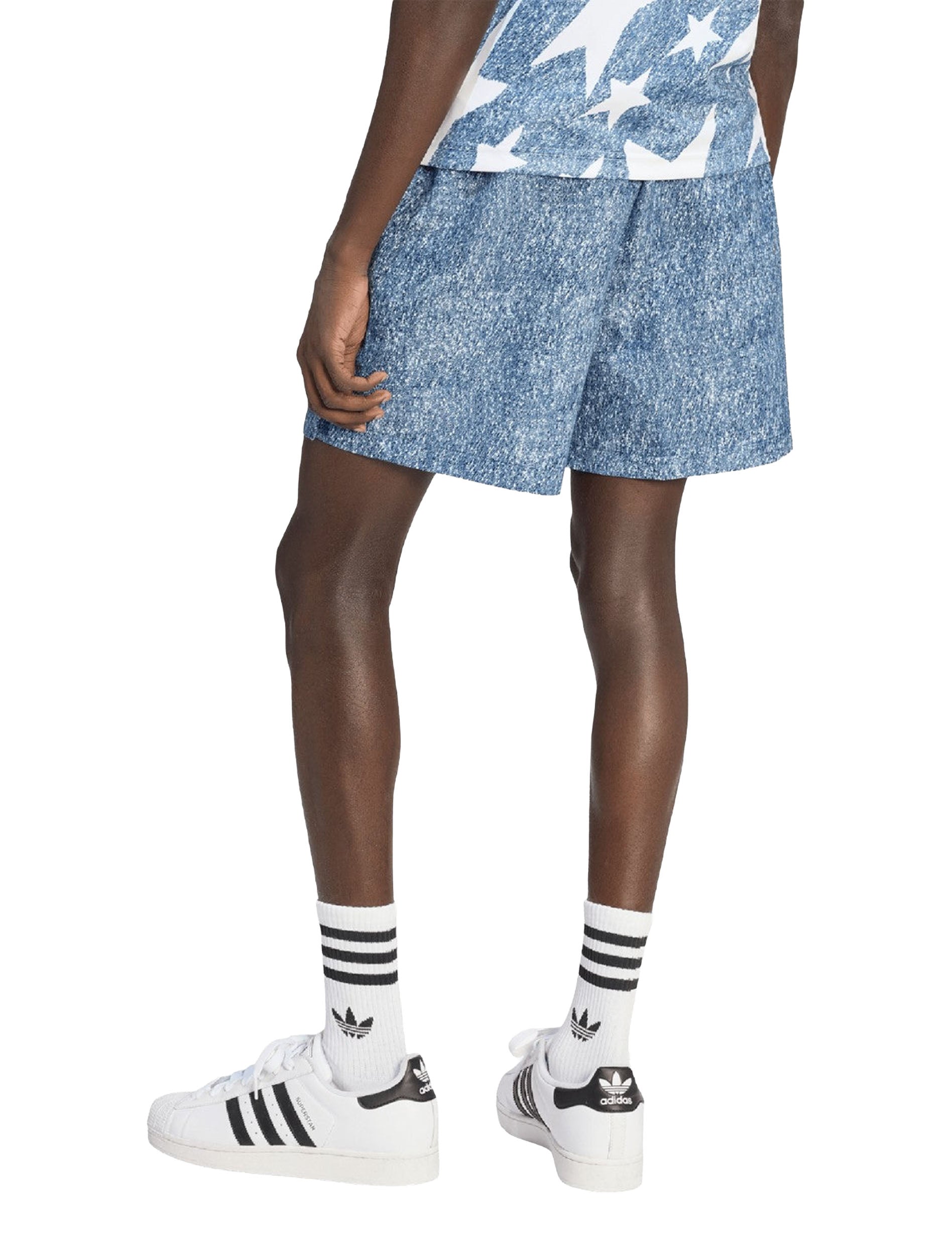 Adidas USA 94 Denim Graphic Shorts in White & Dark Blue styled with denim jacket — full body