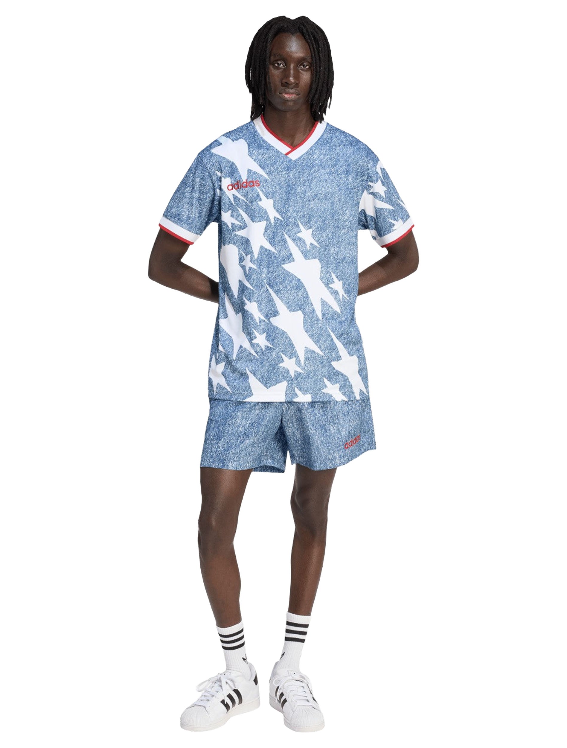 Adidas USA 94 Denim Graphic Shorts in White & Dark Blue worn by model — back