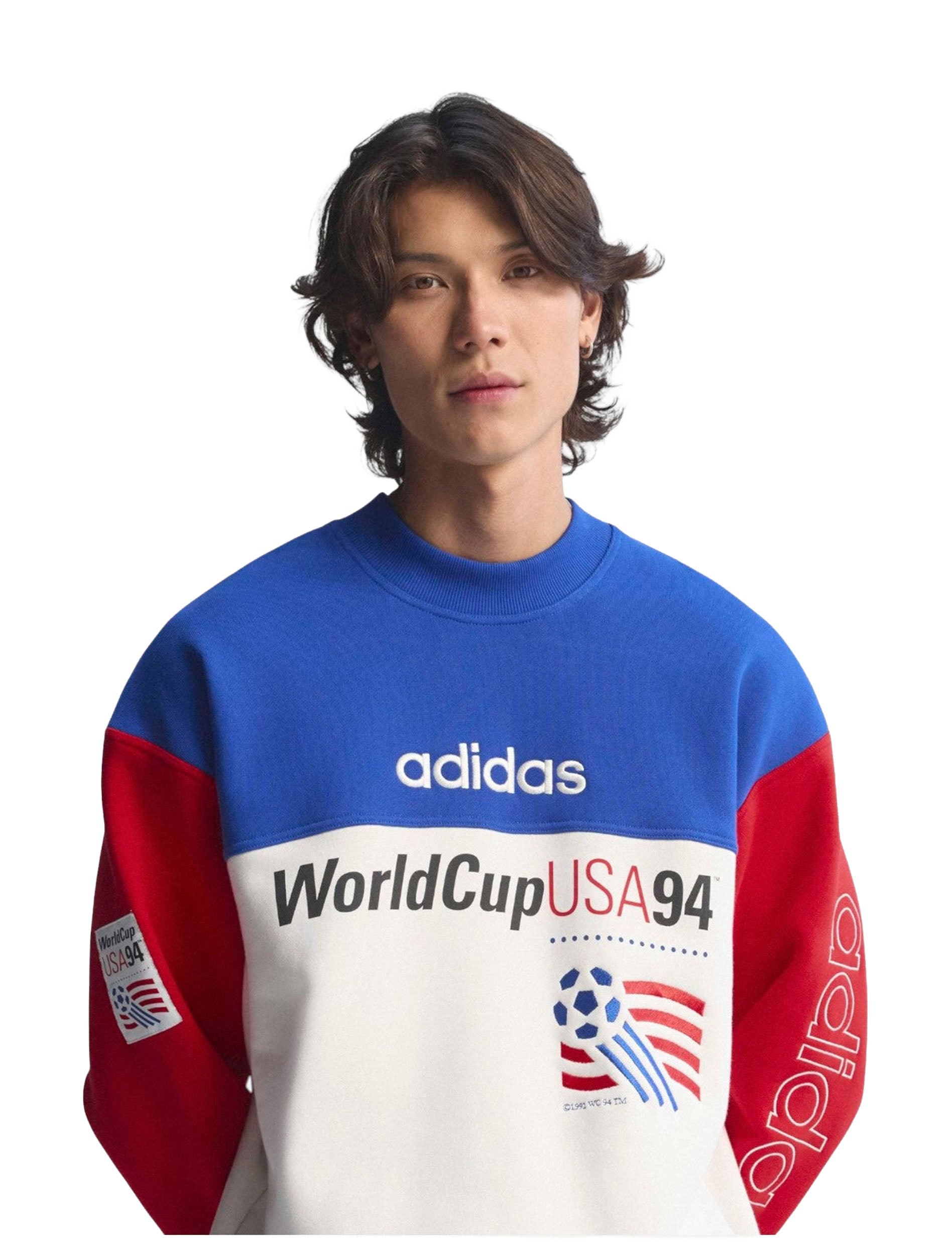 Adidas USA 94 Graphic Sweatshirt in Royal Blue & Cloud White worn by model — front