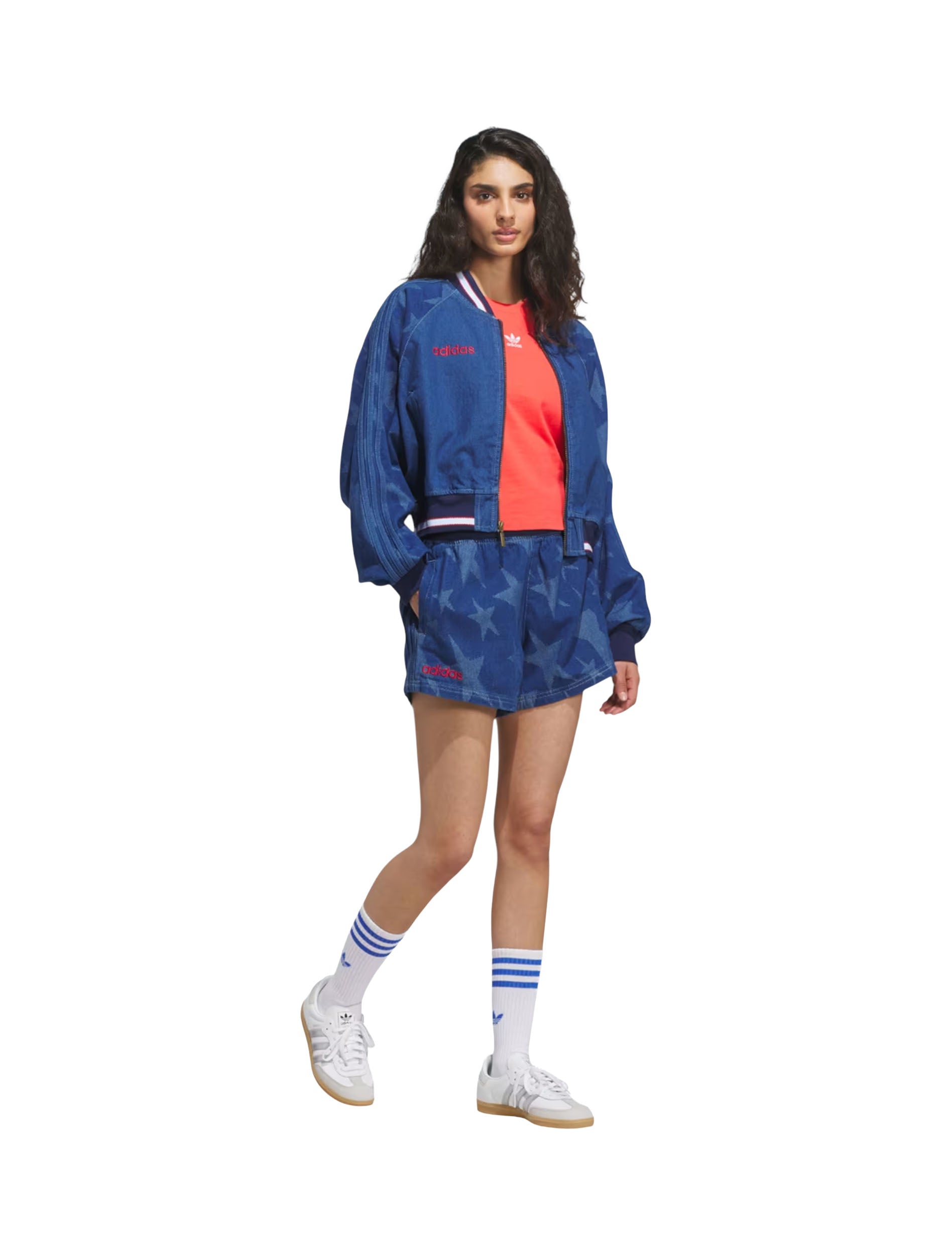 Adidas Women's USA 94 Denim Varsity Bomber Jacket styled with matching shorts — full body