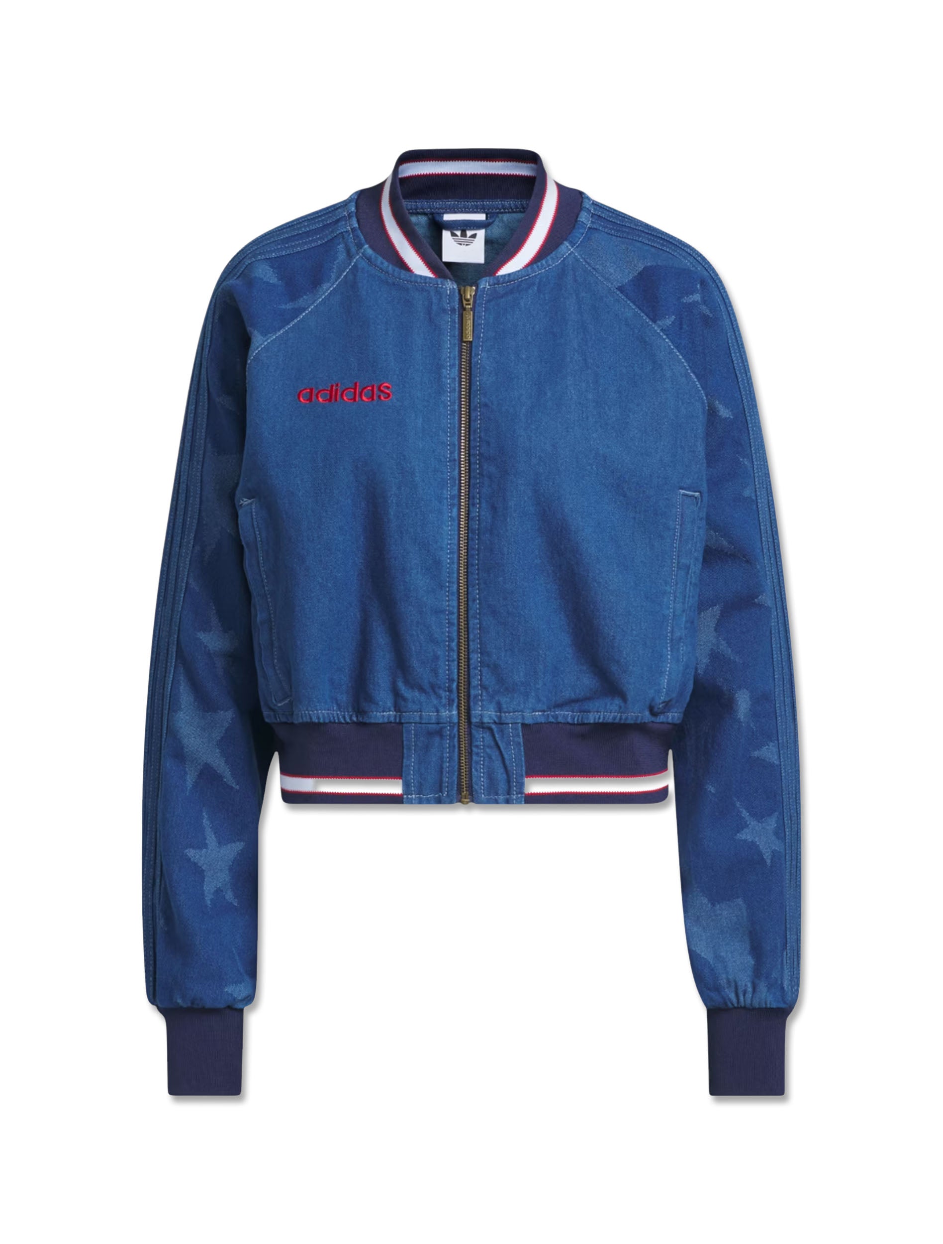 Adidas Women's USA 94 Denim Varsity Bomber Jacket styled with matching shorts — full body, front
