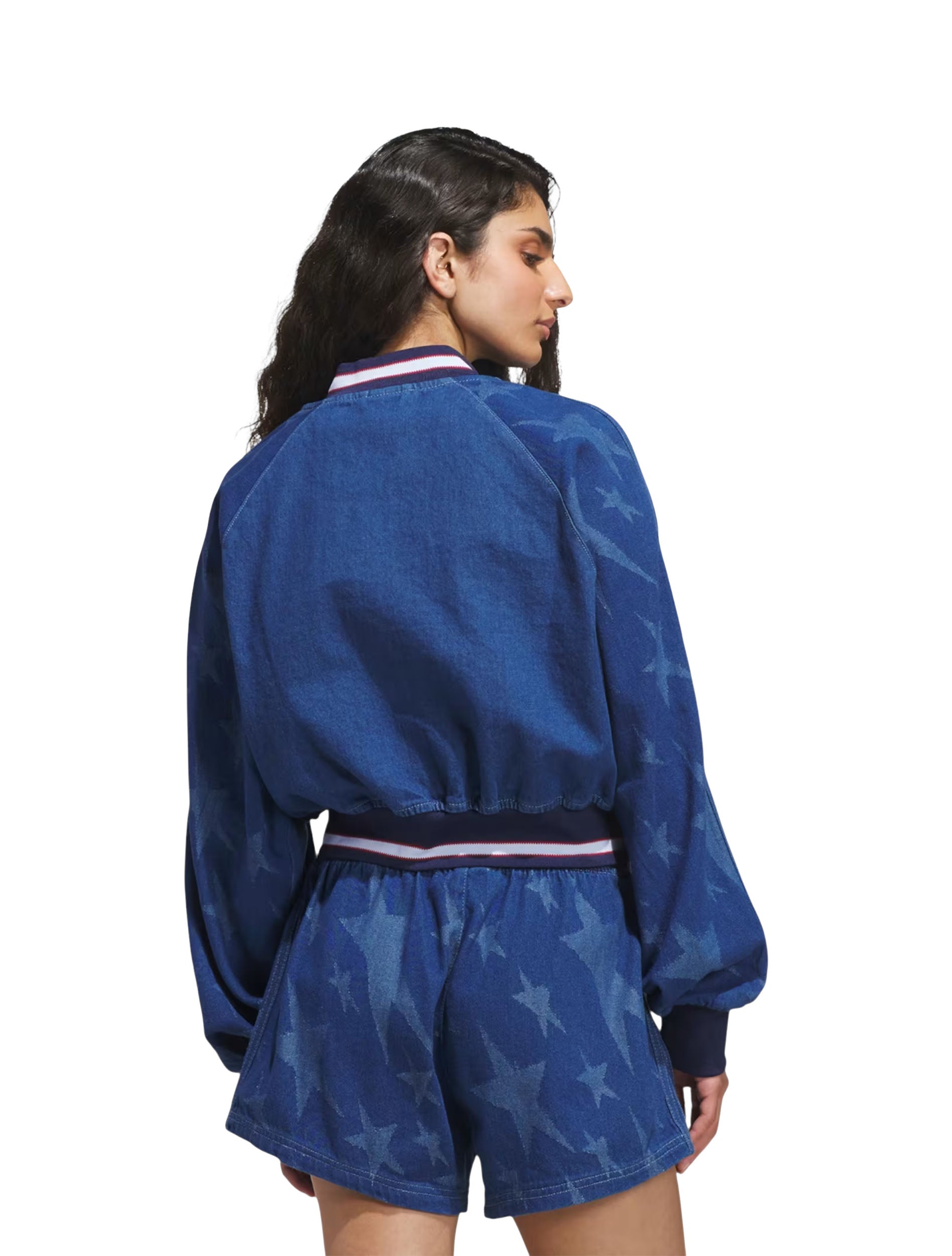 Adidas Women's USA 94 Denim Varsity Bomber Jacket — back view