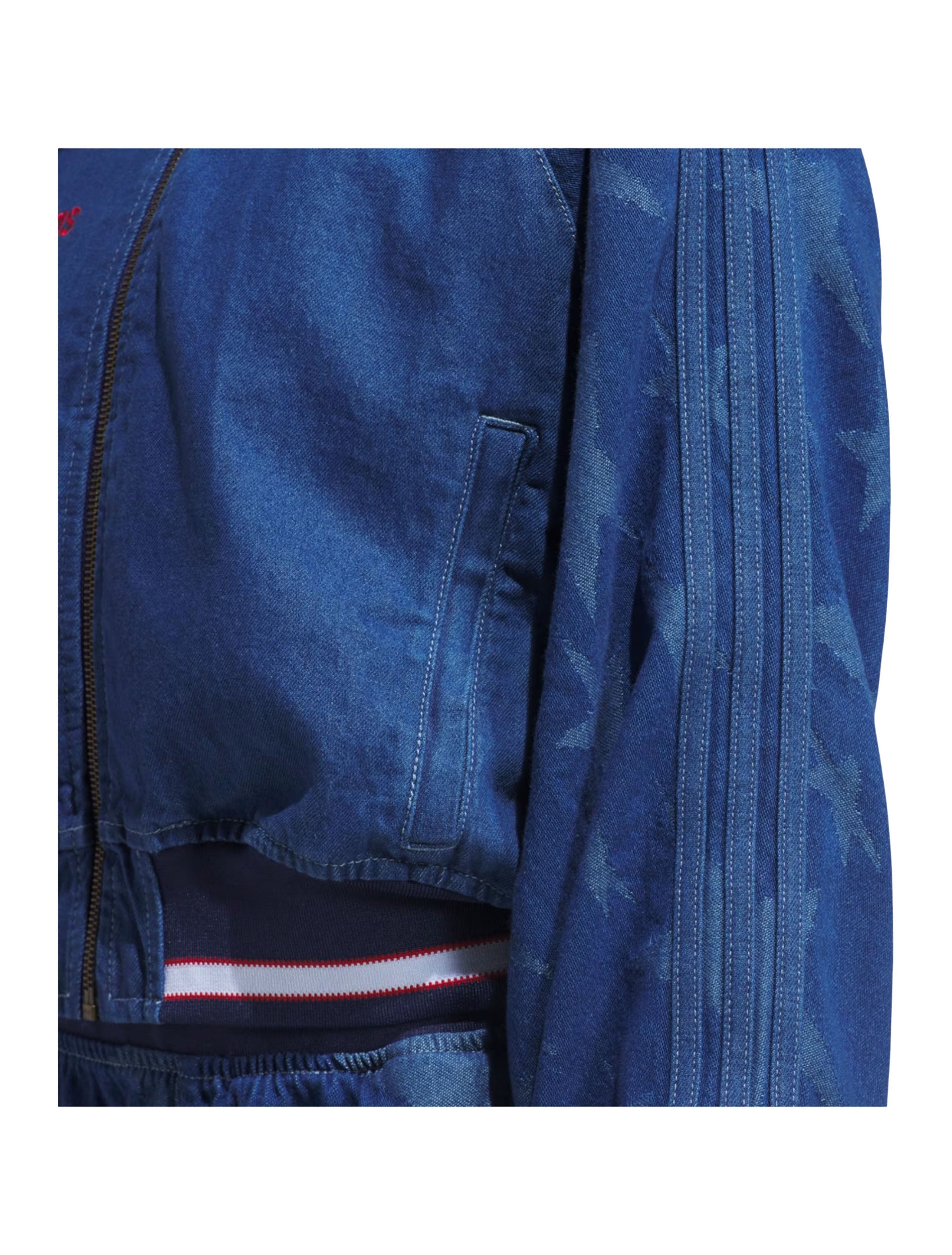 Pocket and star-print denim detail on Adidas Women's USA 94 Denim Varsity Bomber Jacket