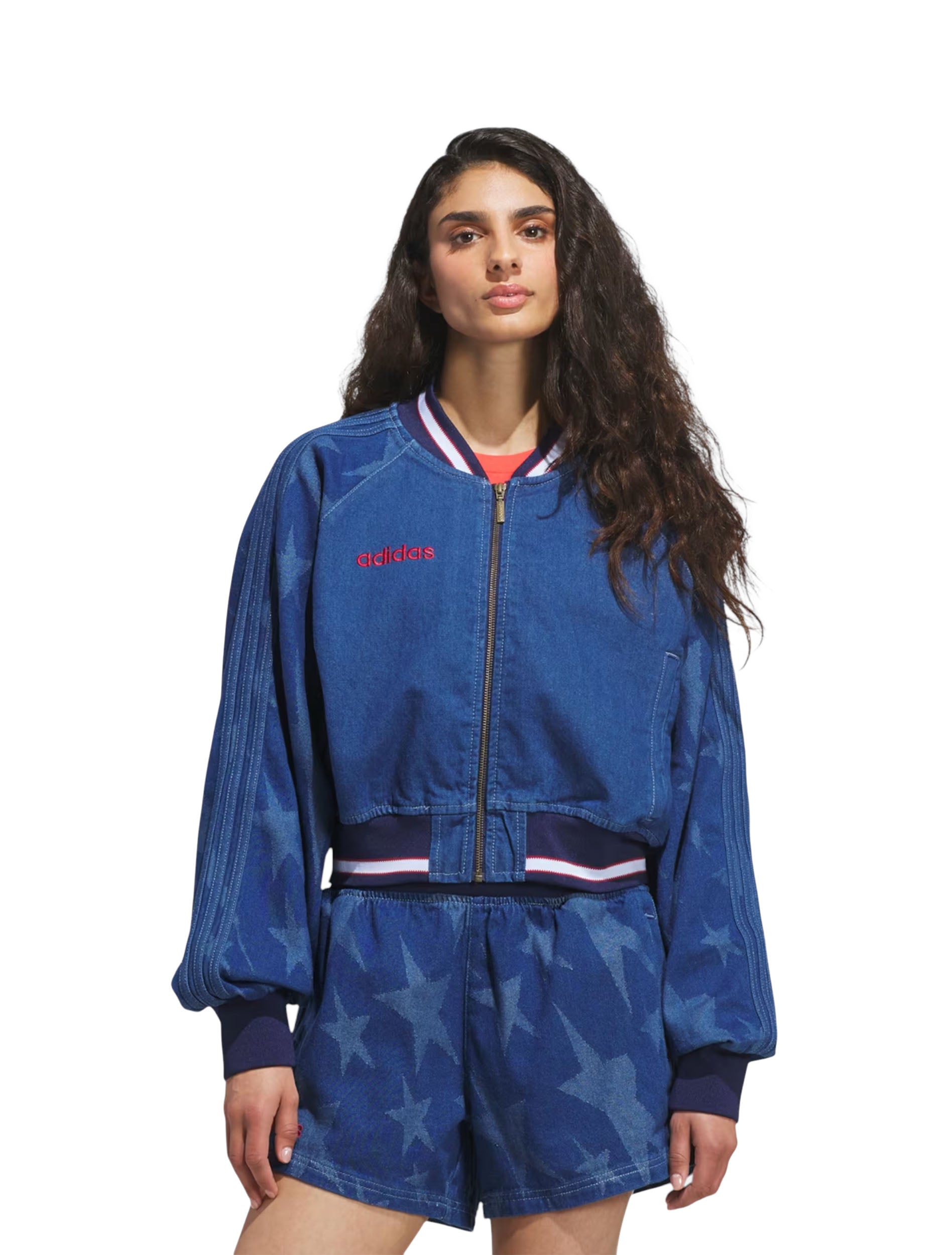 Adidas Women's USA 94 Denim Varsity Bomber Jacket worn by model — front, USA 26 World Cup collection at CHROME