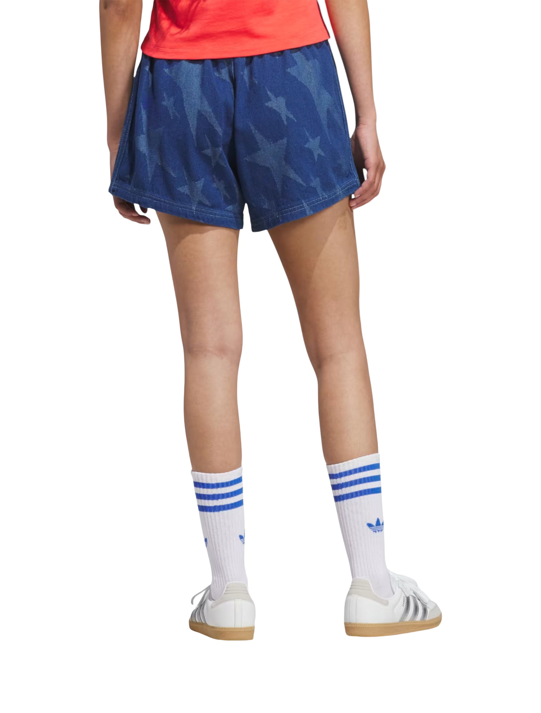Adidas Women's USA 94 Denim Varsity Shorts in Blue worn by model — back