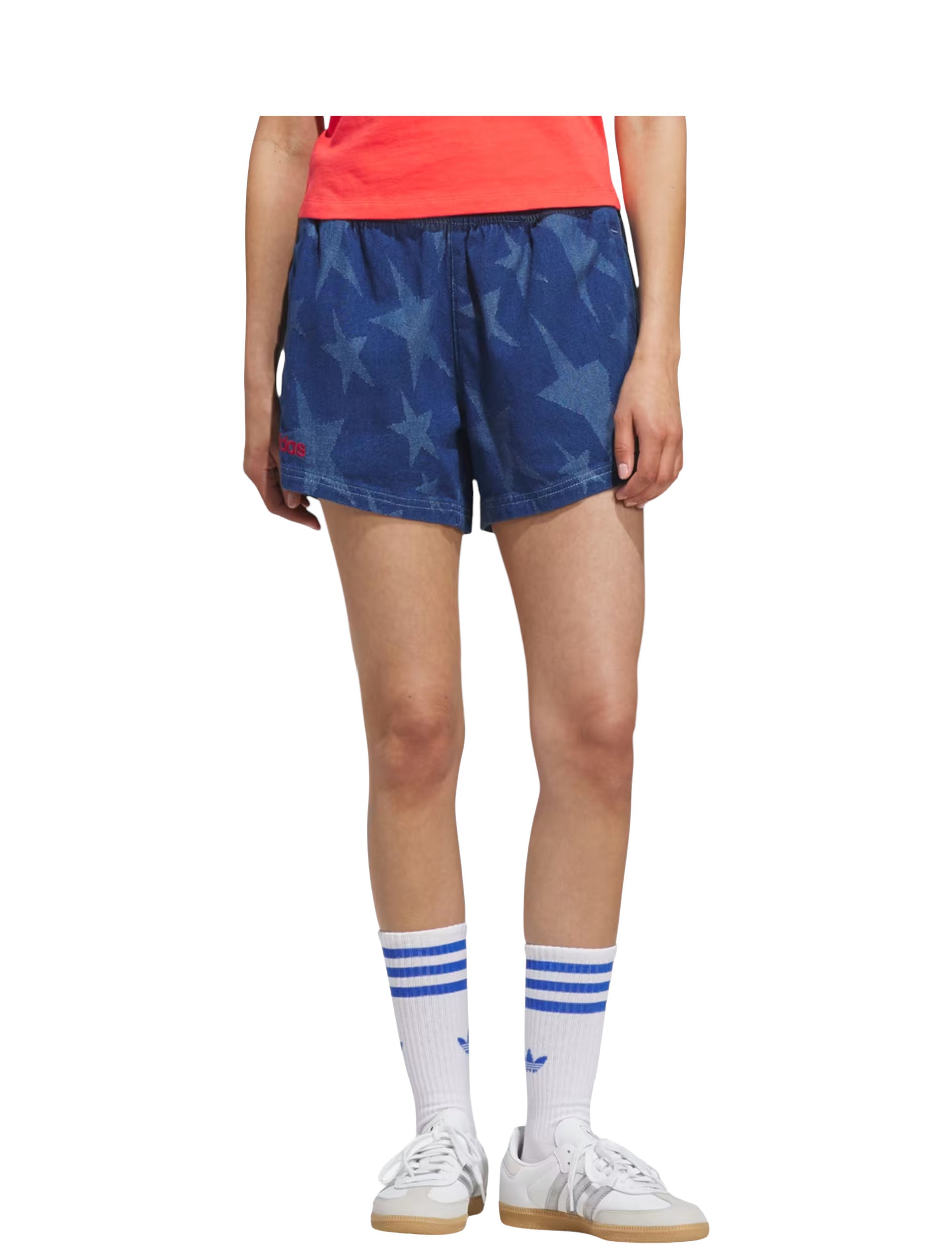 Adidas Women's USA 94 Denim Varsity Shorts in Blue worn by model — front
