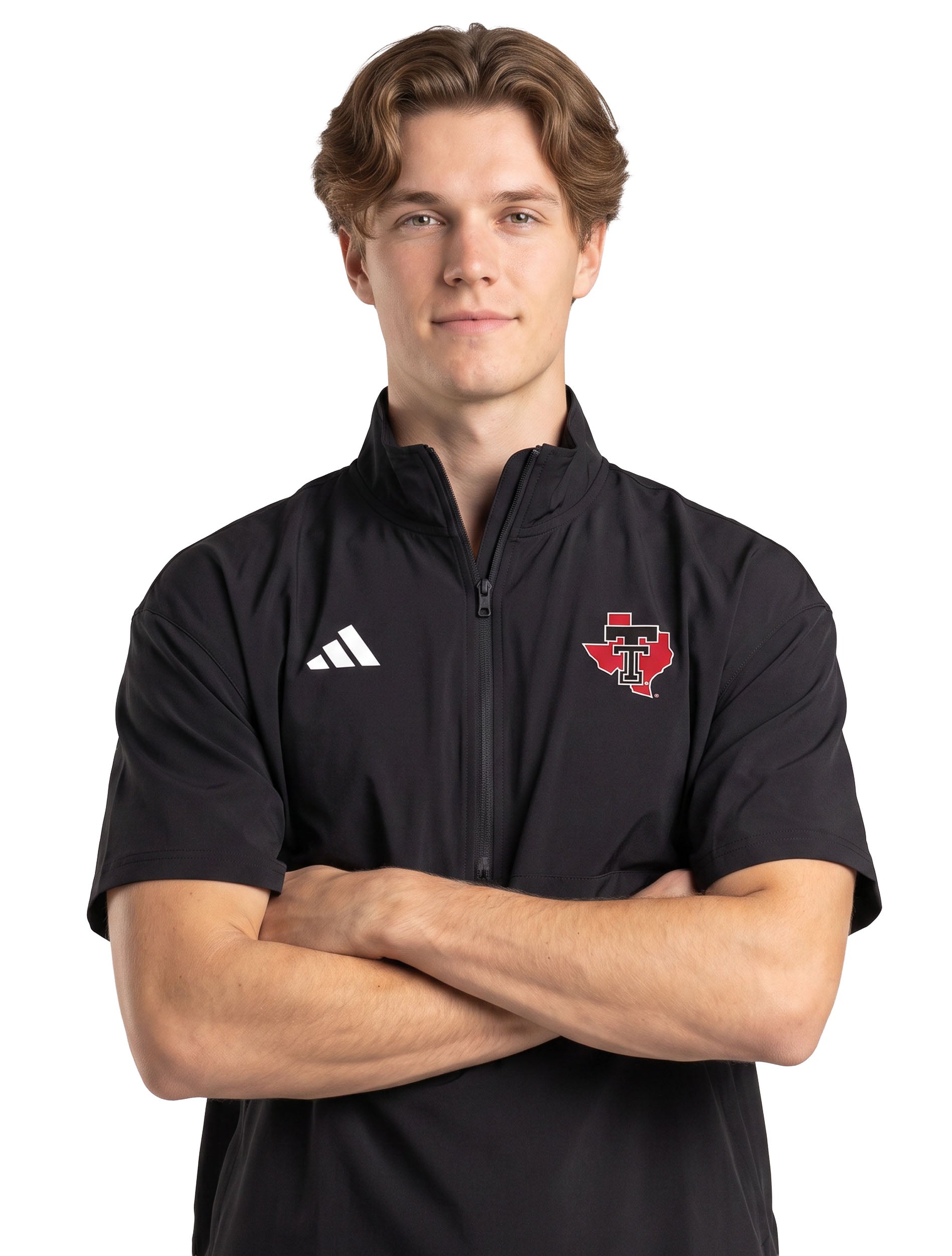 Model wearing the black Adidas Texas Tech short sleeve quarter zip jacket, front view showing the stand collar, the zip placket, and the Lone Star State logo at the chest