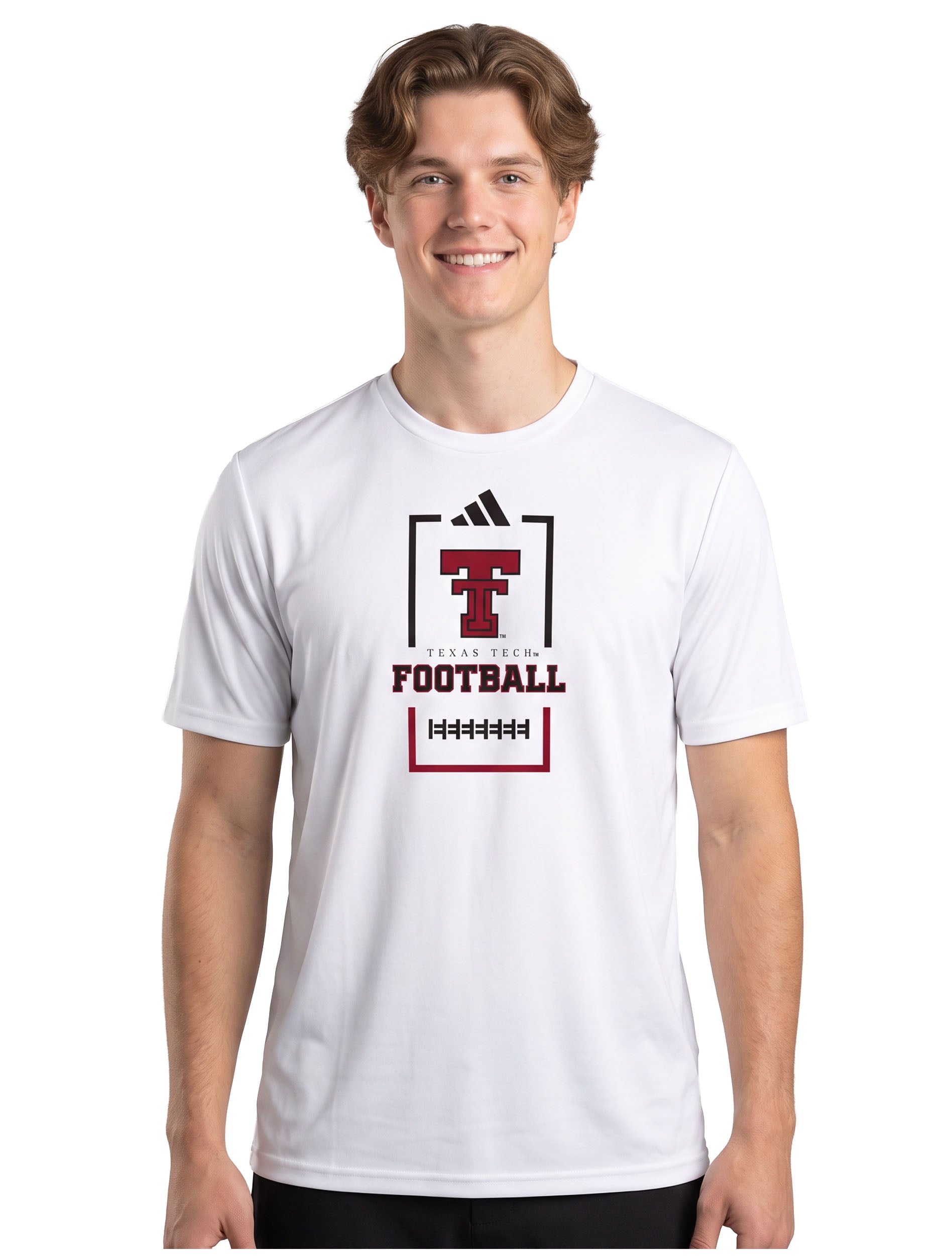 Model wearing the white Adidas Texas Tech Football Score tee, three quarter view showing the full chest graphic