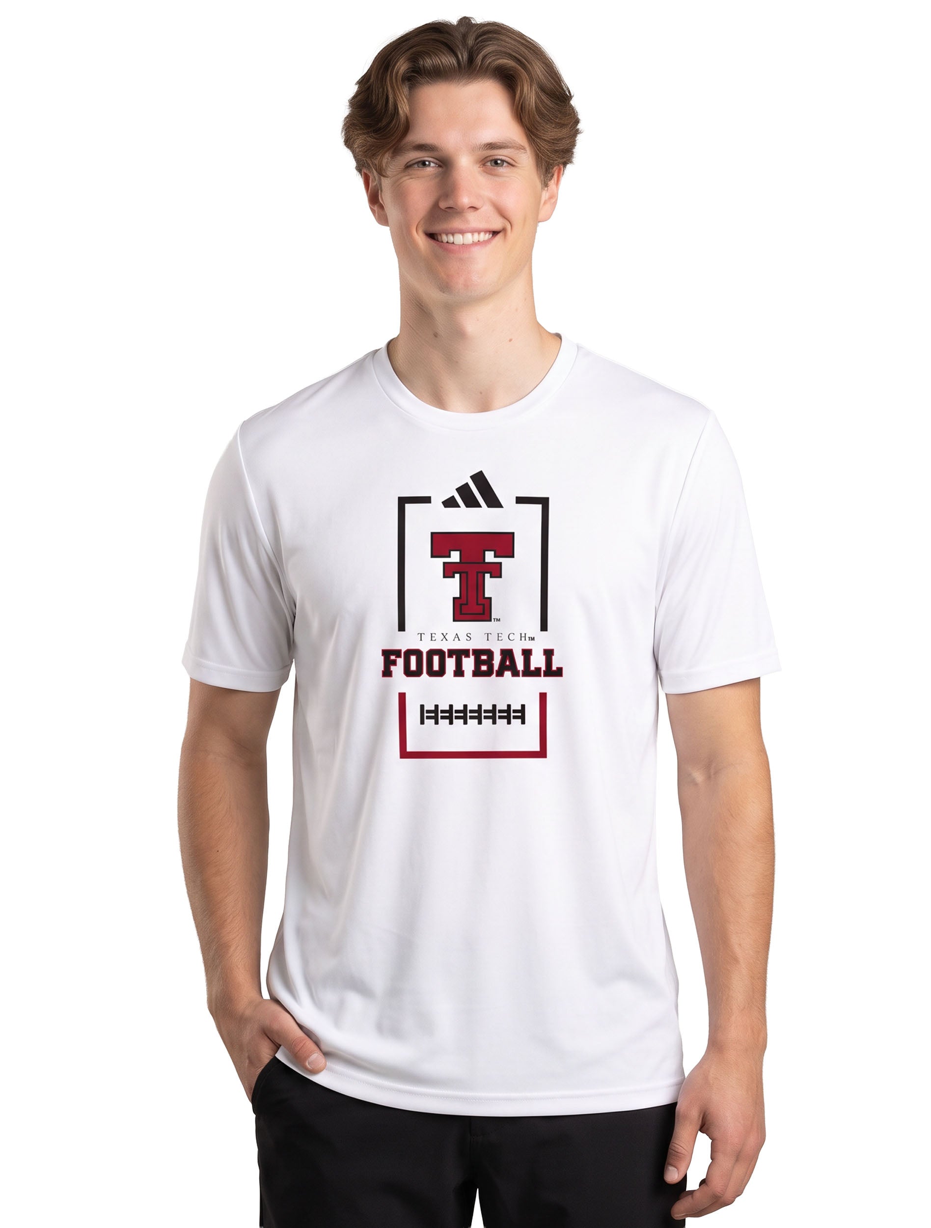 Model wearing the white Adidas Texas Tech Football Score tee, front view showing the crewneck and short sleeves