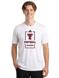 Model wearing the white Adidas Texas Tech Football Score tee, front view showing the crewneck and short sleeves