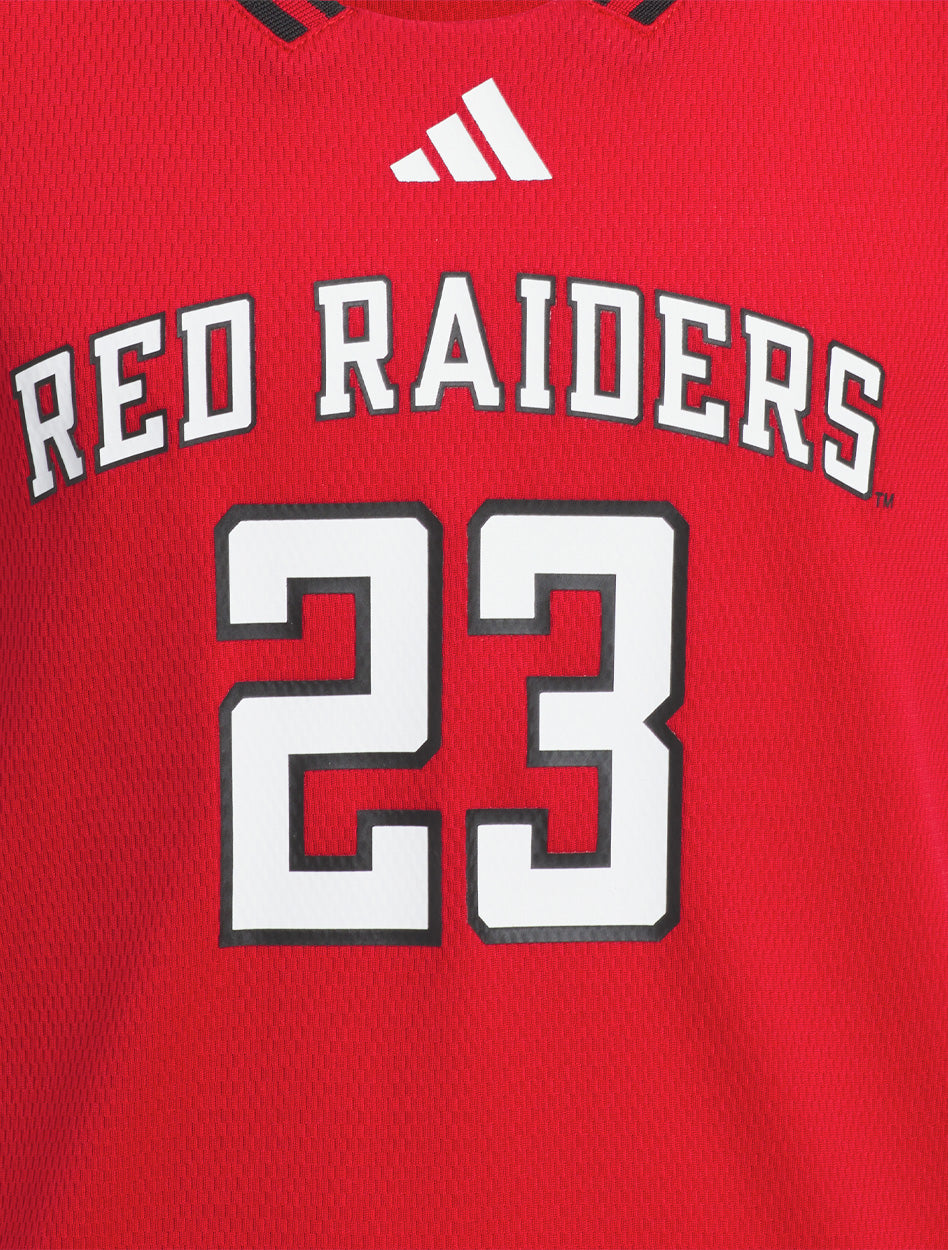 Texas Tech youth basketball jersey, Texas Tech #23 jersey, Red Raiders youth jersey, Adidas Texas Tech basketball jersey, Texas Tech youth athletic wear, Texas Tech game day gear, Texas Tech basketball uniform, Texas Tech kids sports apparel, Red Raiders youth team jersey, Texas Tech youth fan gear, Texas Tech youth performance jersey, Texas Tech kids basketball shirt, Texas Tech youth Adidas apparel, Texas Tech spirit wear for kids, Red Raiders youth basketball top.