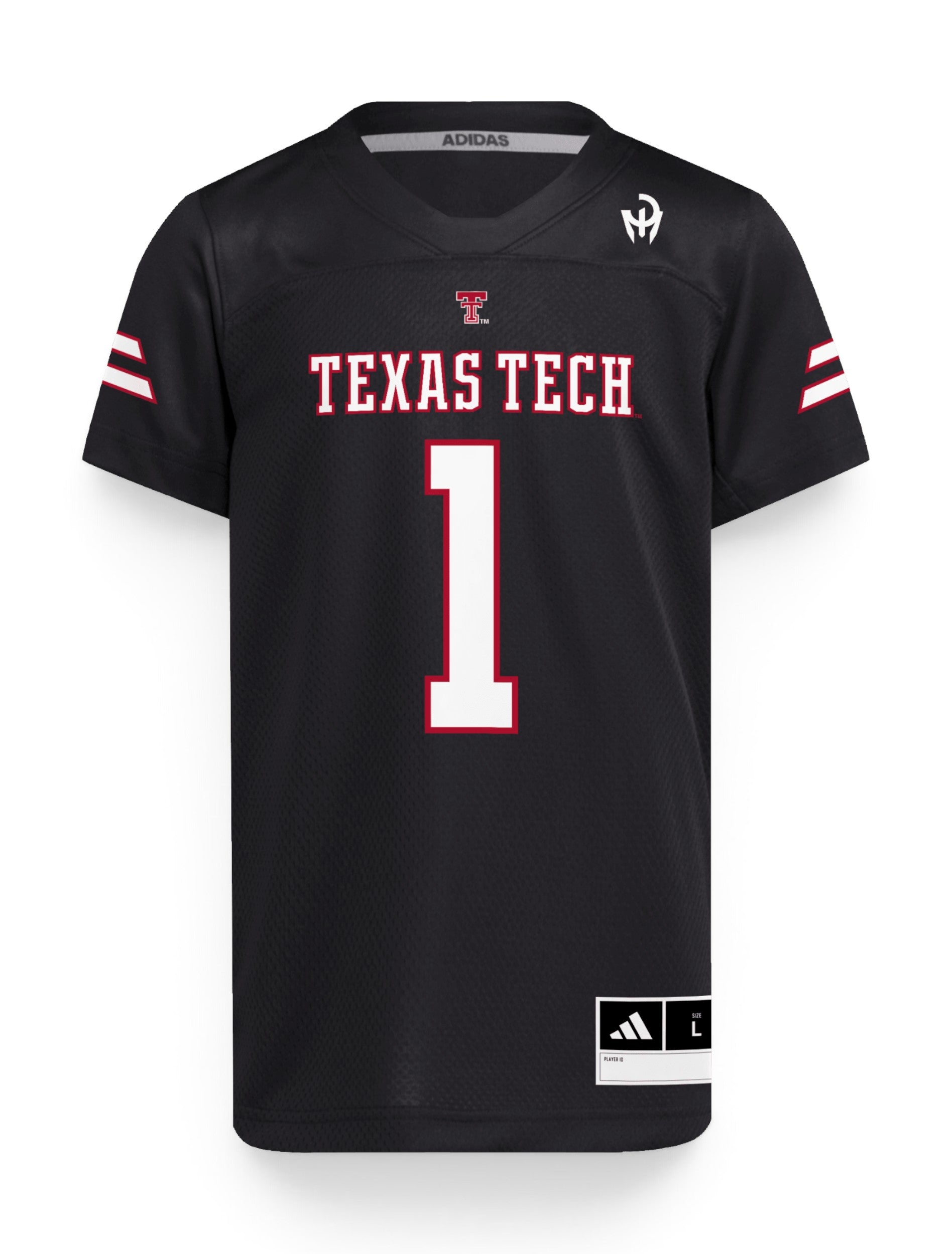 Adidas Texas Tech youth custom family name jersey fron view - black
