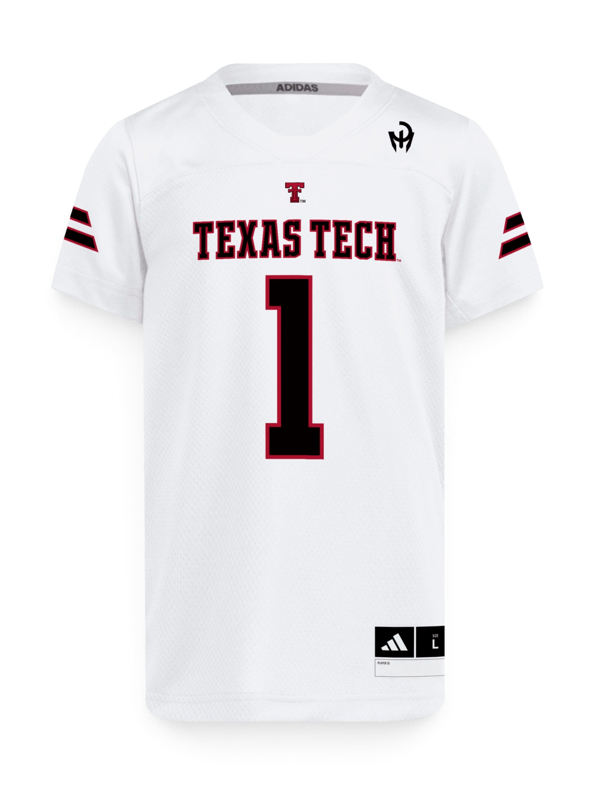 Adidas Texas Tech youth custom family name jersey front view - white