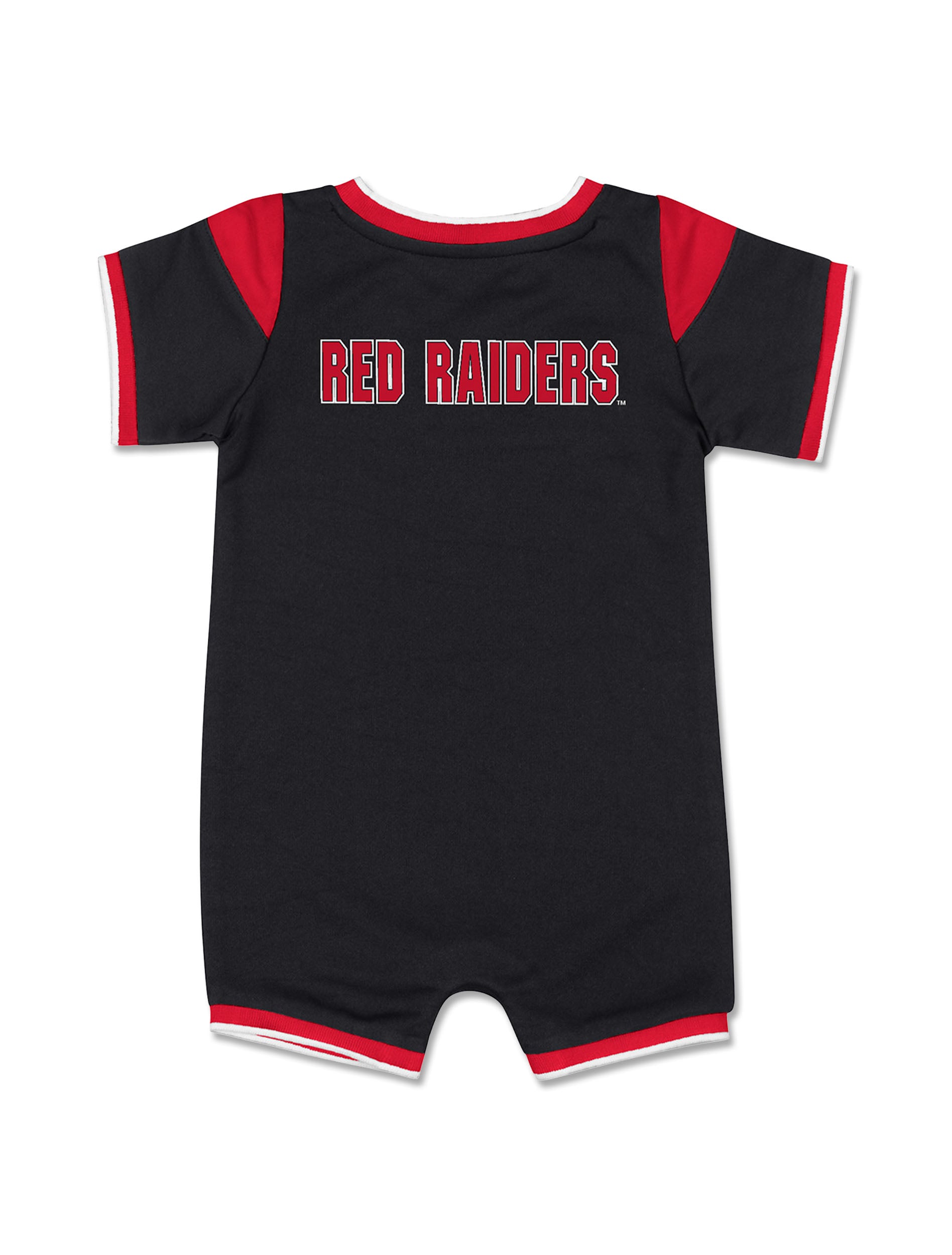 Back of the black Texas Tech infant football romper with RED RAIDERS arched across the upper back in red