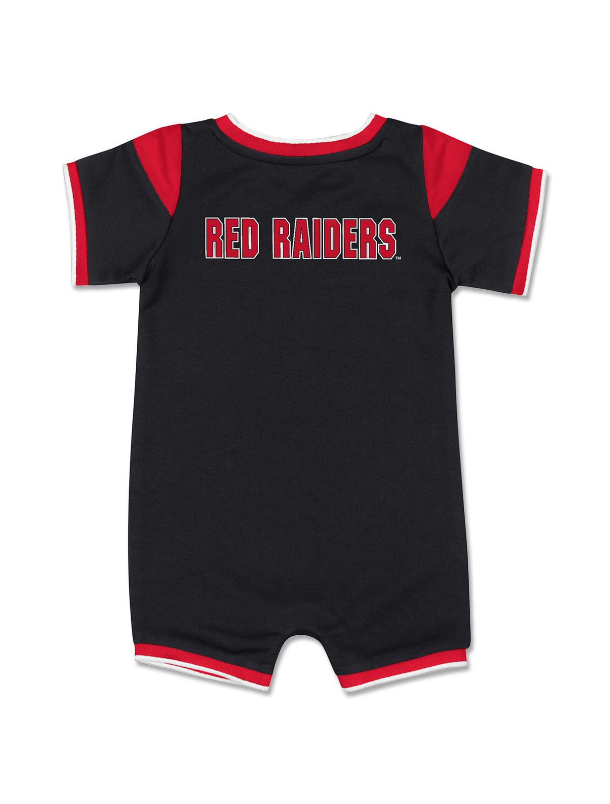 Back of the black Texas Tech infant football romper with RED RAIDERS arched across the upper back in red