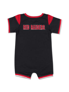 Back of the black Texas Tech infant football romper with RED RAIDERS arched across the upper back in red