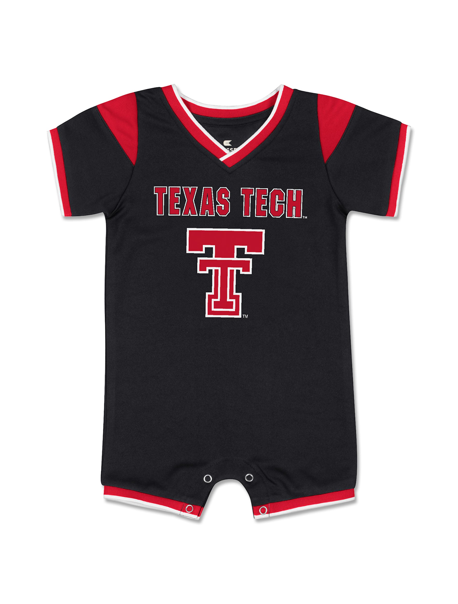 Front of the black Texas Tech infant football romper with a ribbed V neck, red shoulder inserts, and TEXAS TECH arched over a red Double T