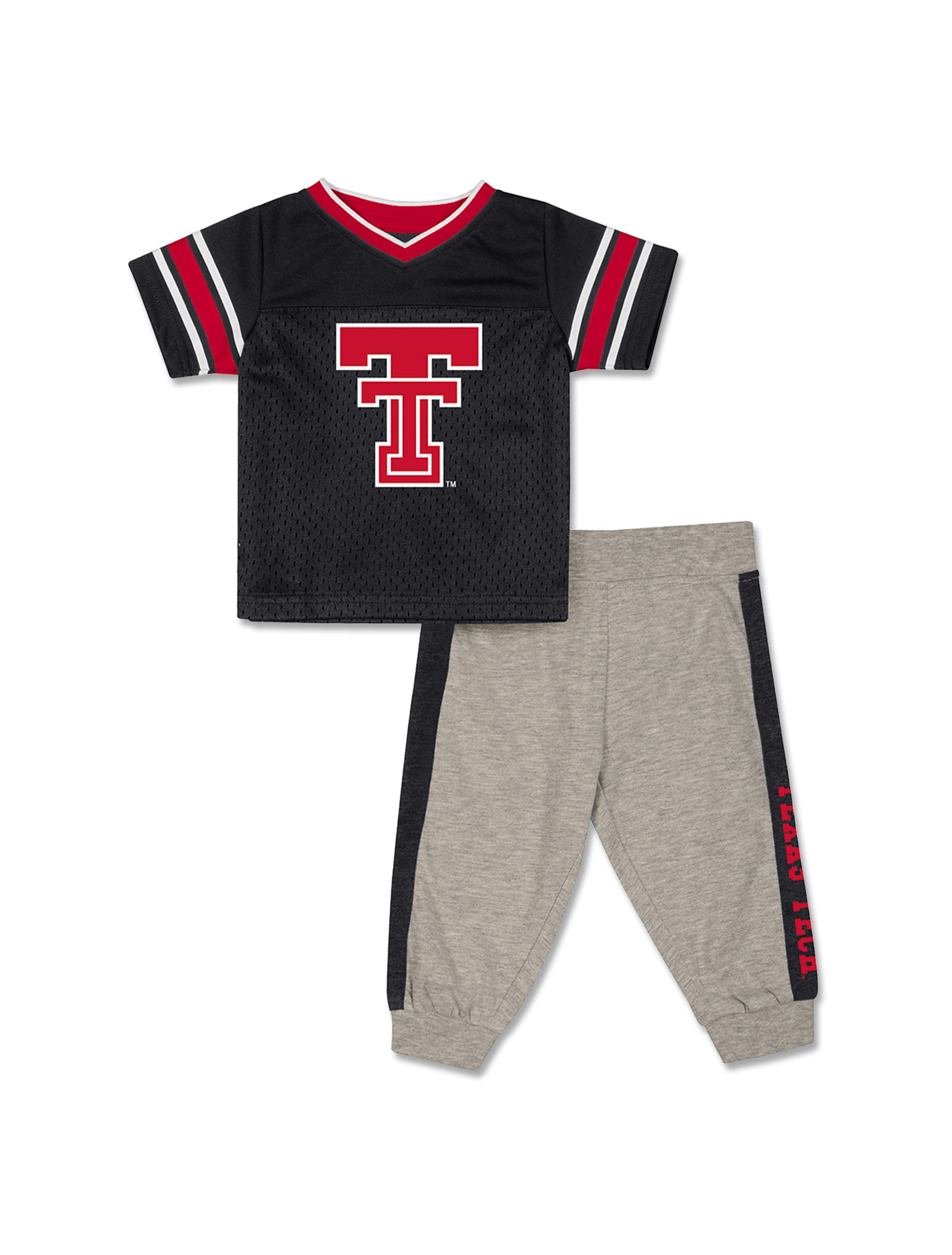 Black Texas Tech infant mesh football jersey with a red Double T and striped sleeves, shown with heather grey joggers with black side panels and TEXAS TECH down the leg