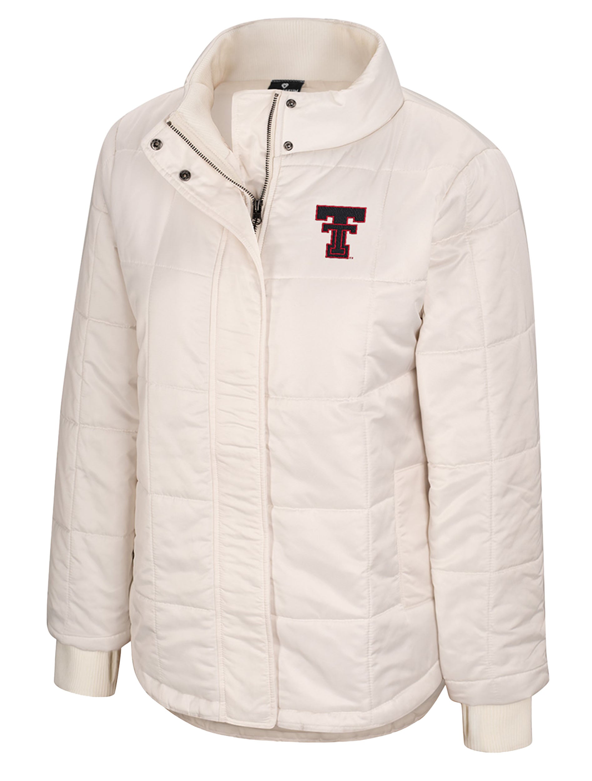 Cream box quilted Texas Tech women's jacket with a ribbed stand collar, ribbed cuffs and a red Double T at the left chest
