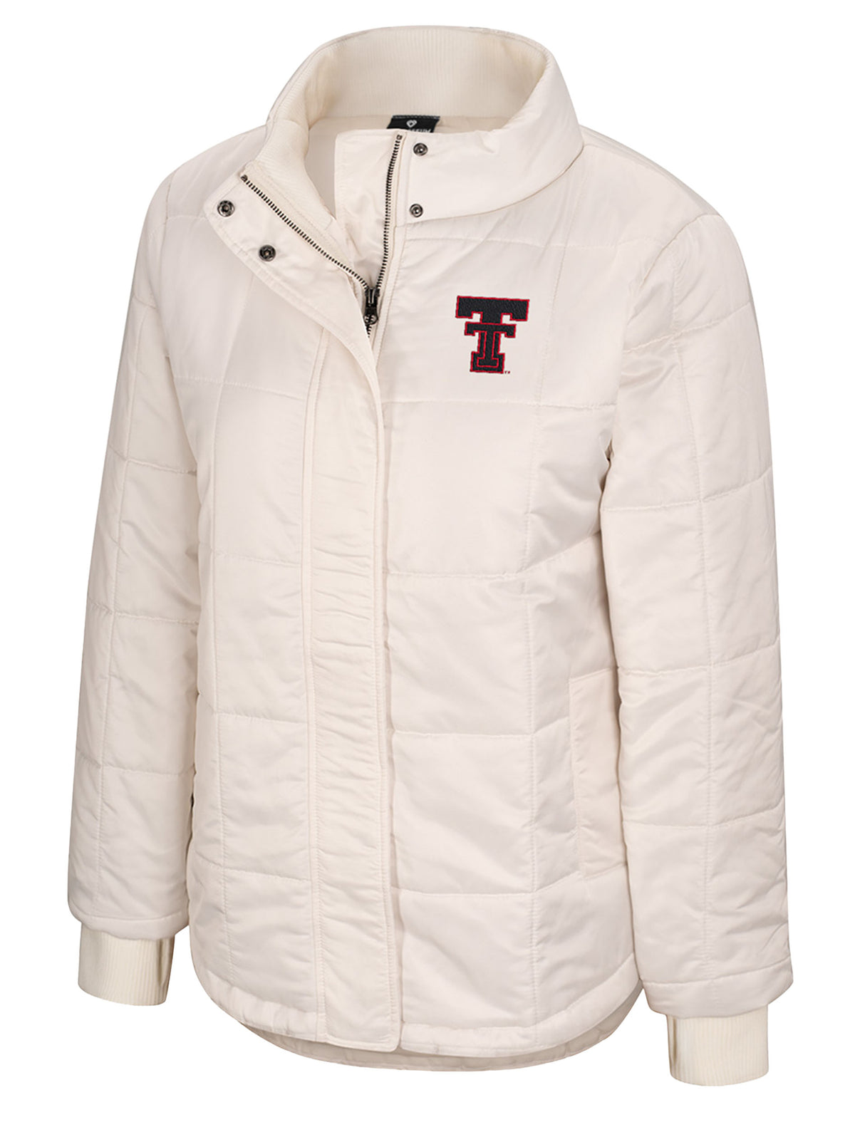 Cream box quilted Texas Tech women's jacket with a ribbed stand collar, ribbed cuffs and a red Double T at the left chest