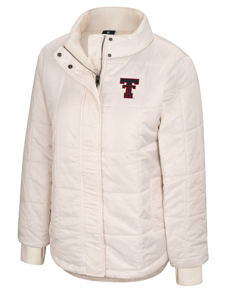 Cream box quilted Texas Tech women's jacket with a ribbed stand collar, ribbed cuffs and a red Double T at the left chest