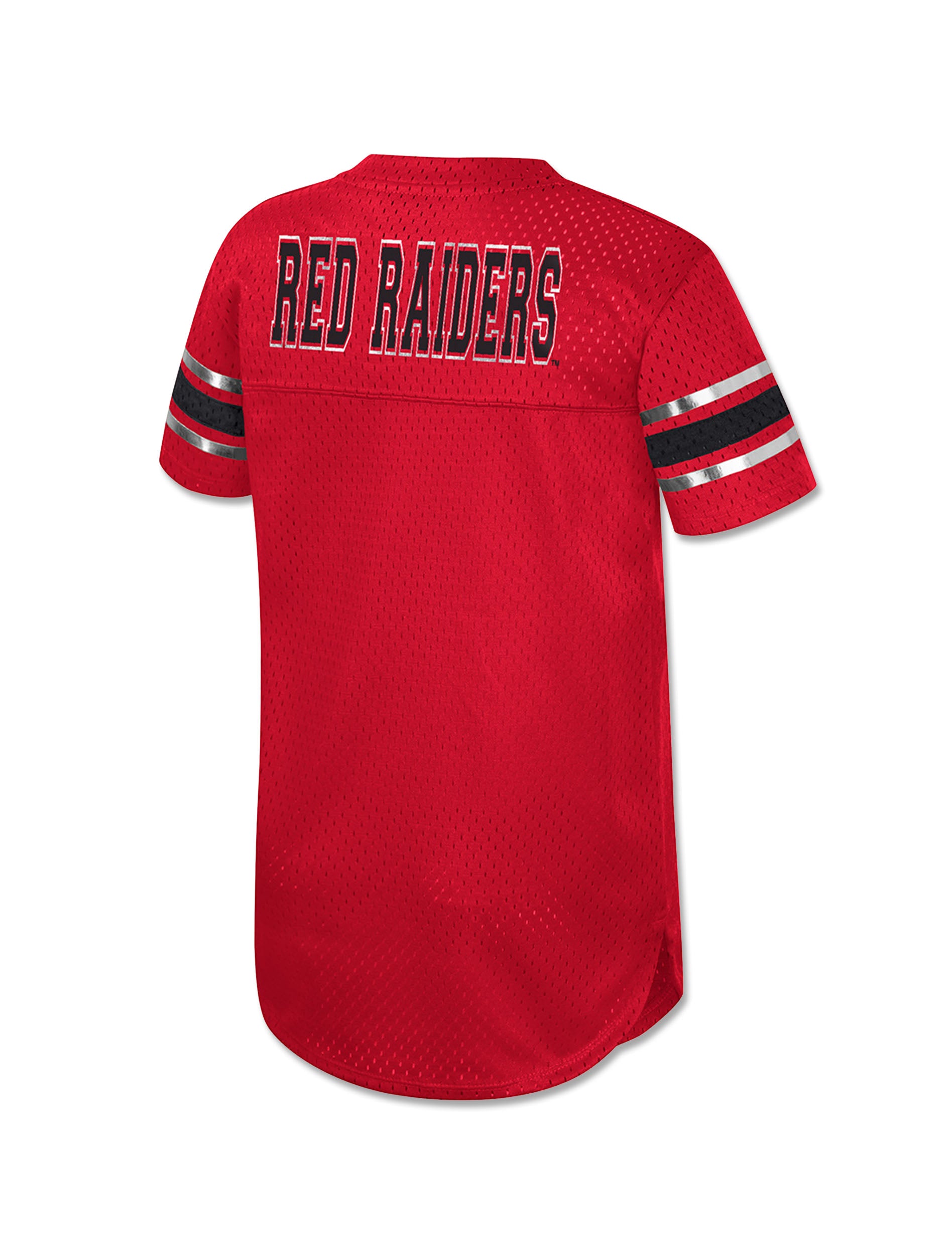 Back of a red Texas Tech girls mesh jersey dress with RED RAIDERS across the shoulders and striped sleeves