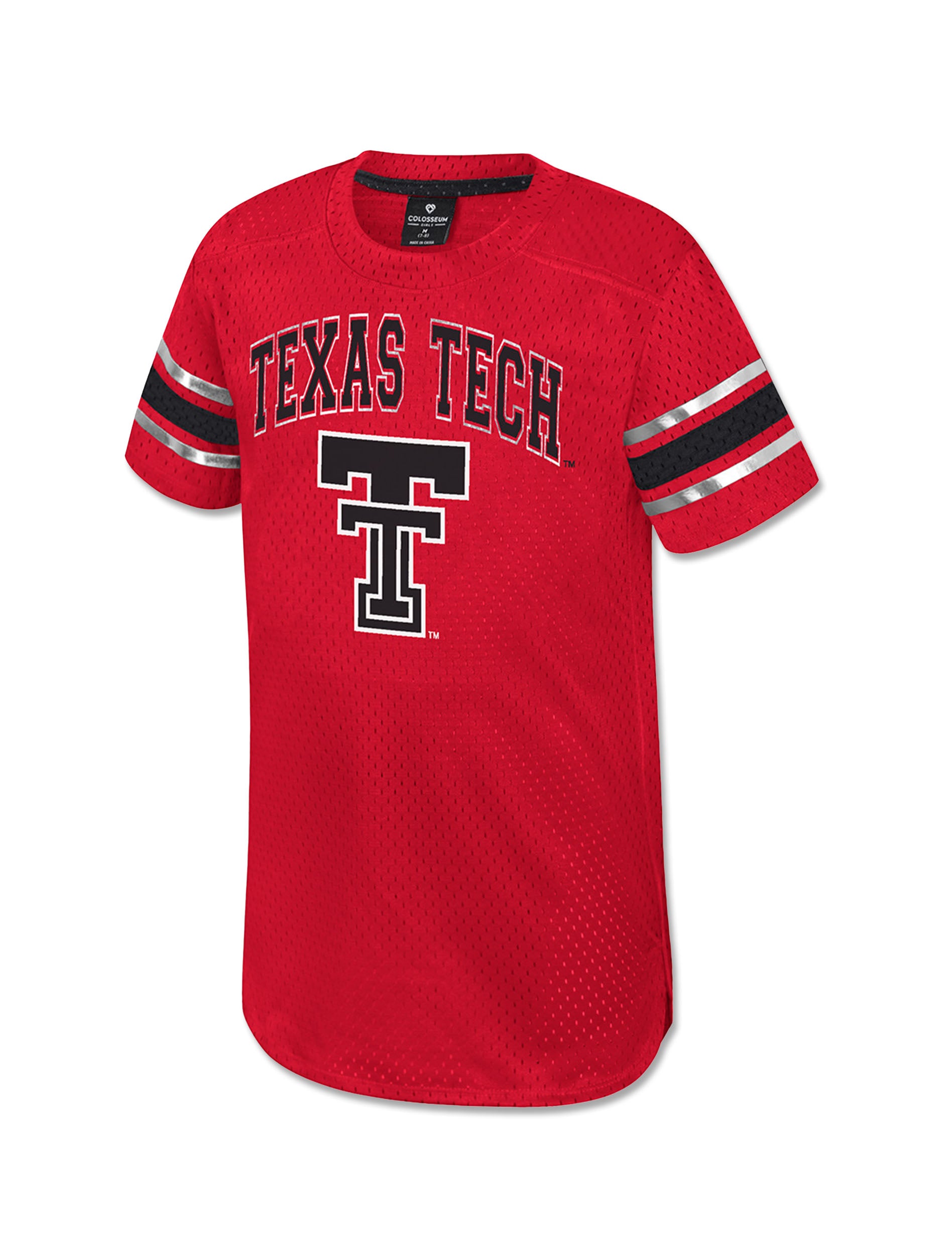 Front of a red Texas Tech girls mesh jersey dress with TEXAS TECH arched over a black Double T and black and silver bands on both sleeves