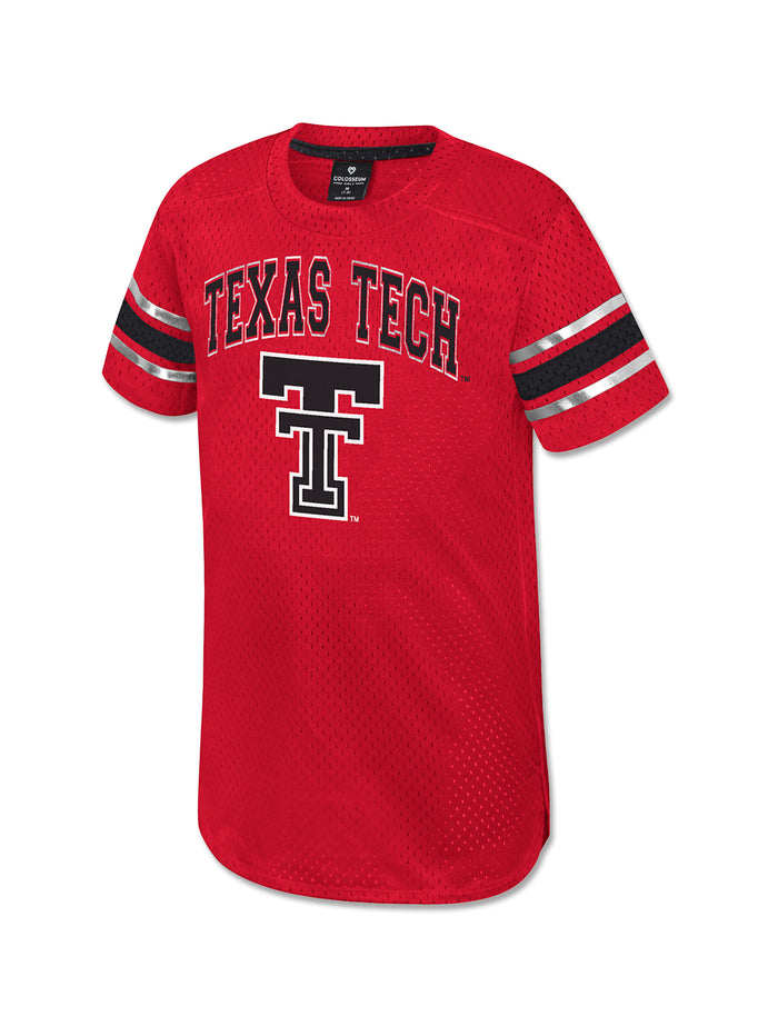 Front of a red Texas Tech girls mesh jersey dress with TEXAS TECH arched over a black Double T and black and silver bands on both sleeves