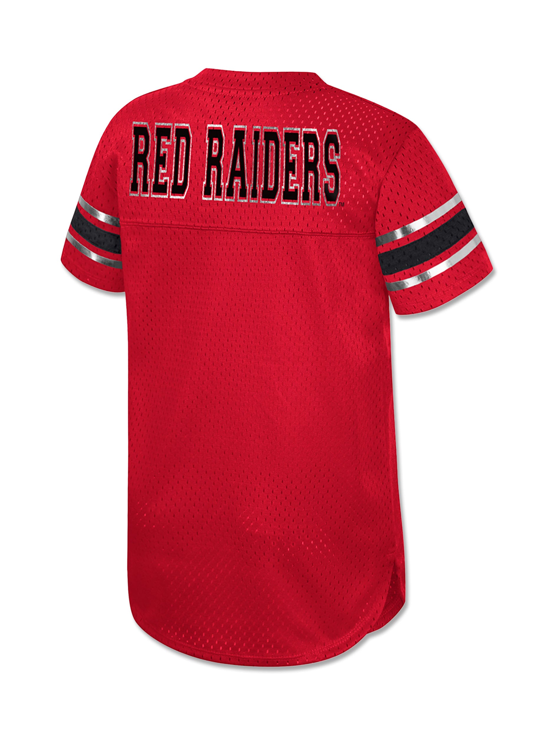 Back of the red Texas Tech toddler mesh jersey dress with RED RAIDERS across the shoulders in black and silver, and a curved hem with side slits