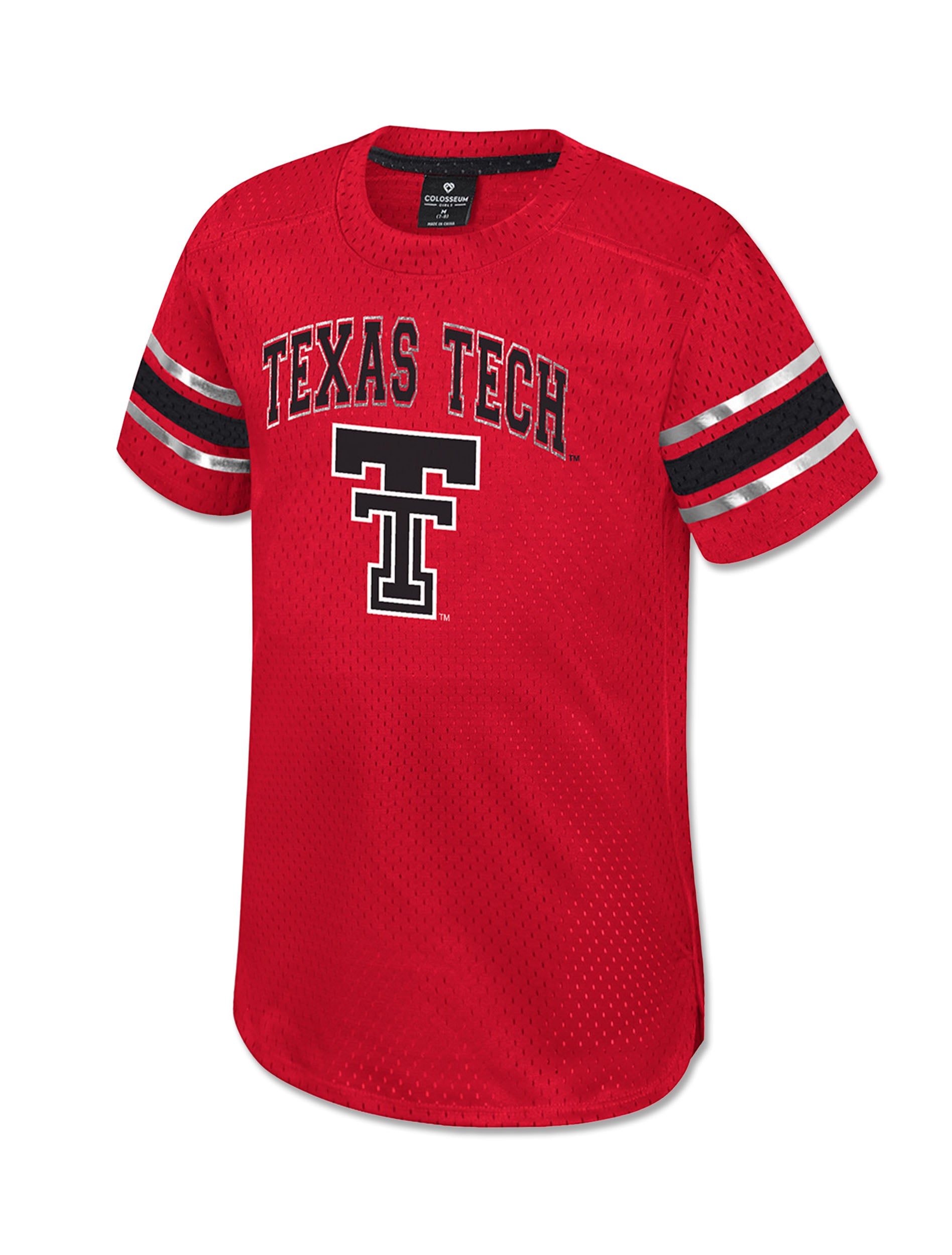 Front of the red Texas Tech toddler mesh jersey dress with TEXAS TECH arched over the Double T in black and silver, and striped sleeve bands