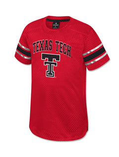 Front of the red Texas Tech toddler mesh jersey dress with TEXAS TECH arched over the Double T in black and silver, and striped sleeve bands
