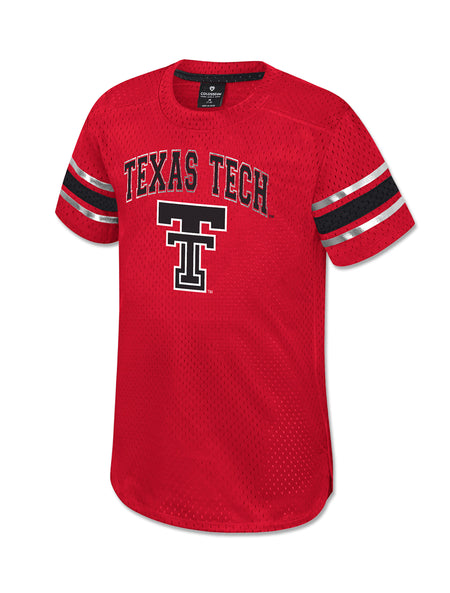 Front of the red Texas Tech toddler mesh jersey dress with TEXAS TECH arched over the Double T in black and silver, and striped sleeve bands