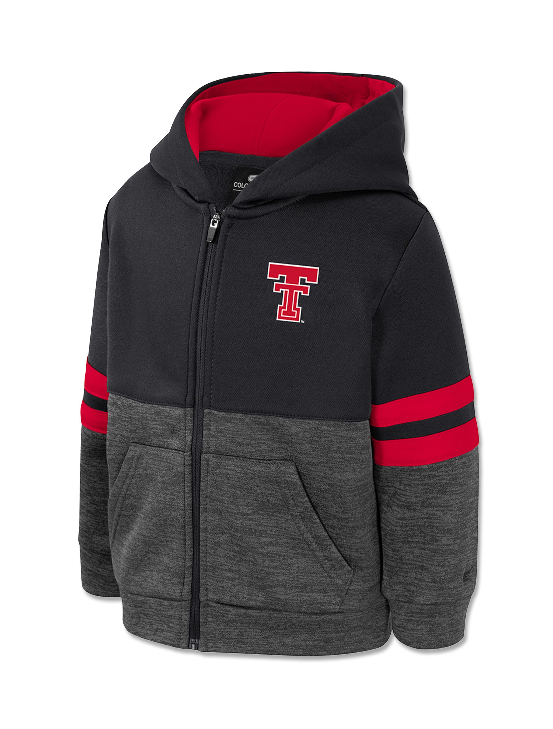 Charcoal and black Texas Tech toddler full zip hoodie with the Double T at the left chest, red and black striped sleeves, a red lined hood and two front pockets