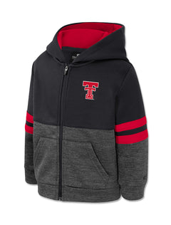Charcoal and black Texas Tech toddler full zip hoodie with the Double T at the left chest, red and black striped sleeves, a red lined hood and two front pockets