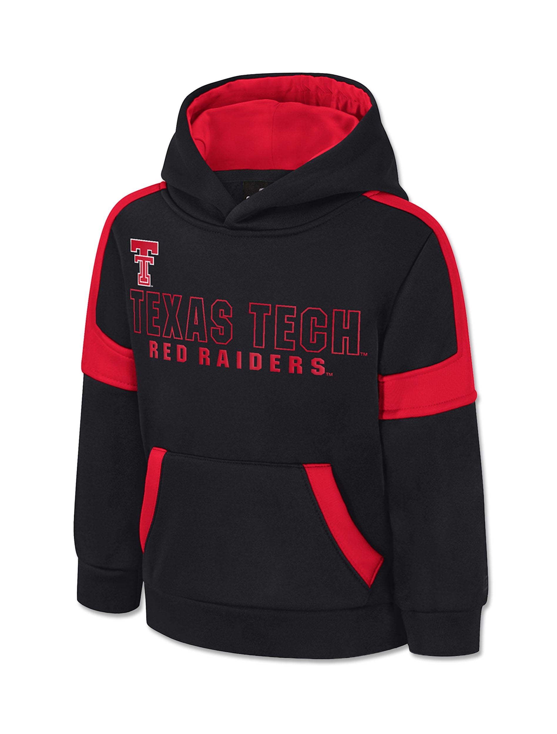 Black Texas Tech toddler hoodie with the Double T at the left chest above TEXAS TECH and RED RAIDERS in red, red panels down the shoulders and sleeves, and a red trimmed pocket