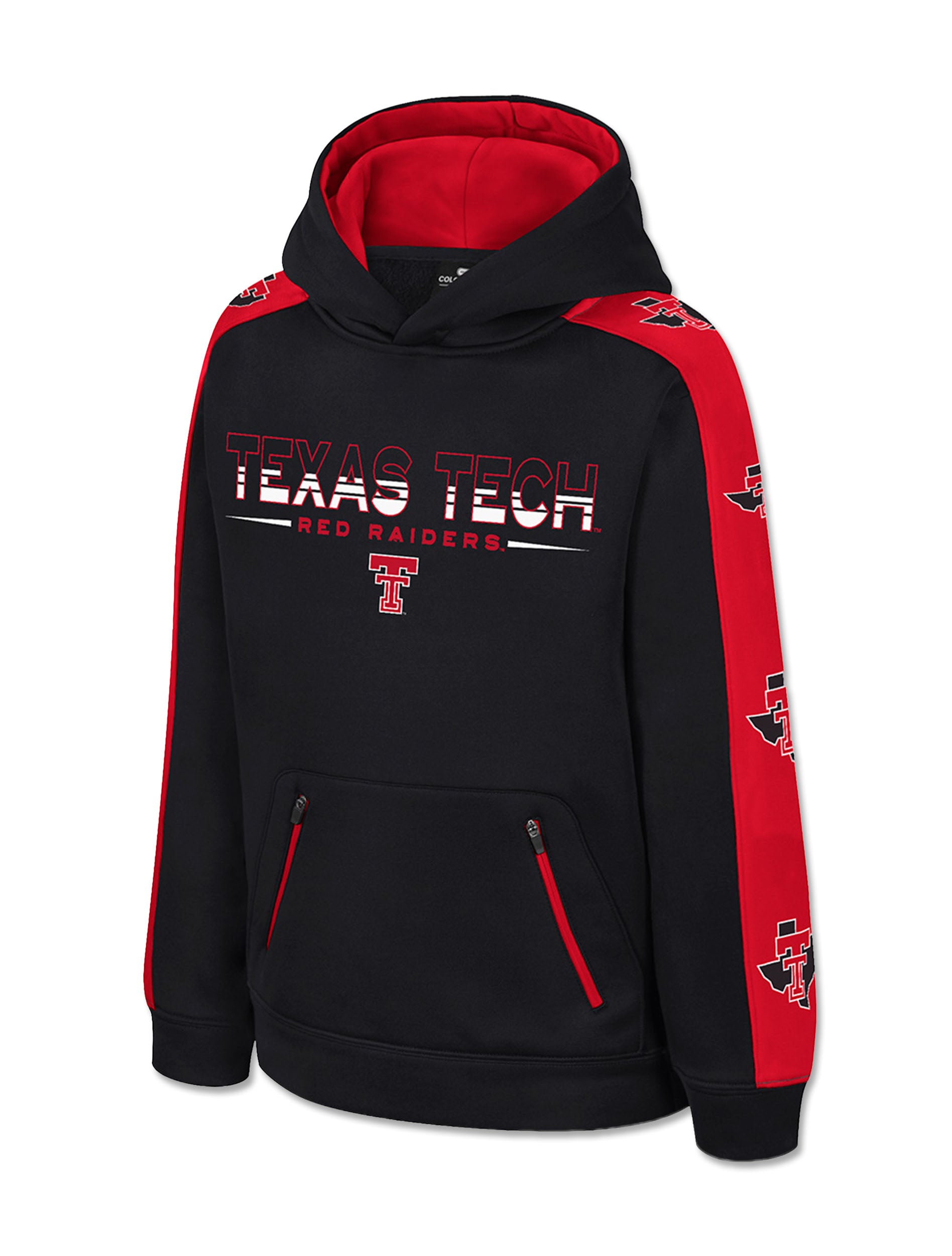 Black Texas Tech youth hoodie with red sleeve panels printed with the Lone Star Pride logo, TEXAS TECH across the chest and two zippered pockets