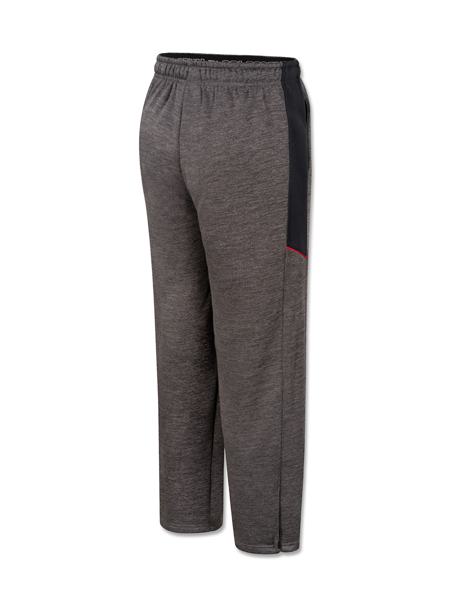 Back of charcoal heather Texas Tech youth pants showing the branded elastic waistband, black side panel and open bottom hem