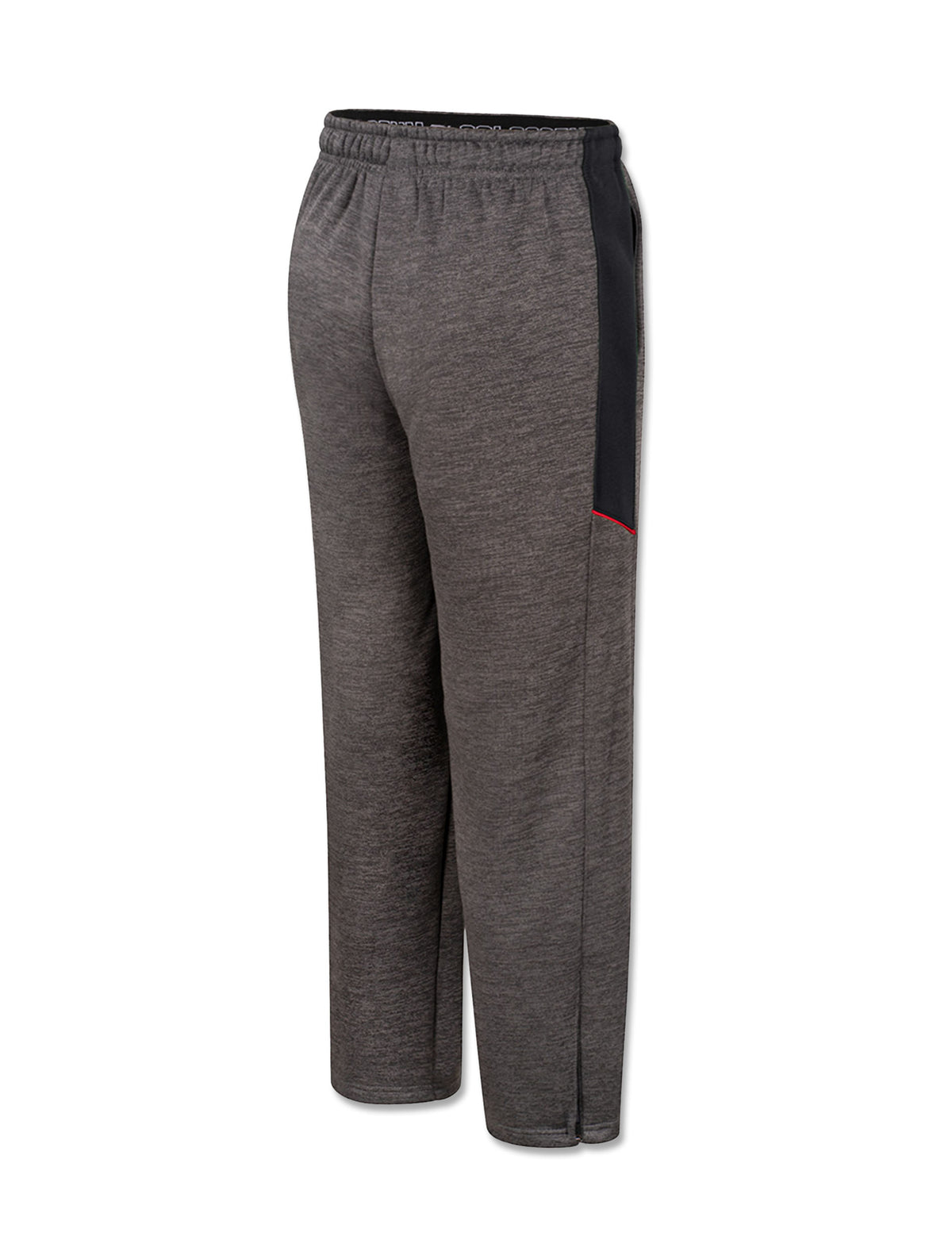 Back of charcoal heather Texas Tech youth pants showing the branded elastic waistband, black side panel and open bottom hem