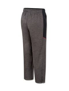 Back of charcoal heather Texas Tech youth pants showing the branded elastic waistband, black side panel and open bottom hem